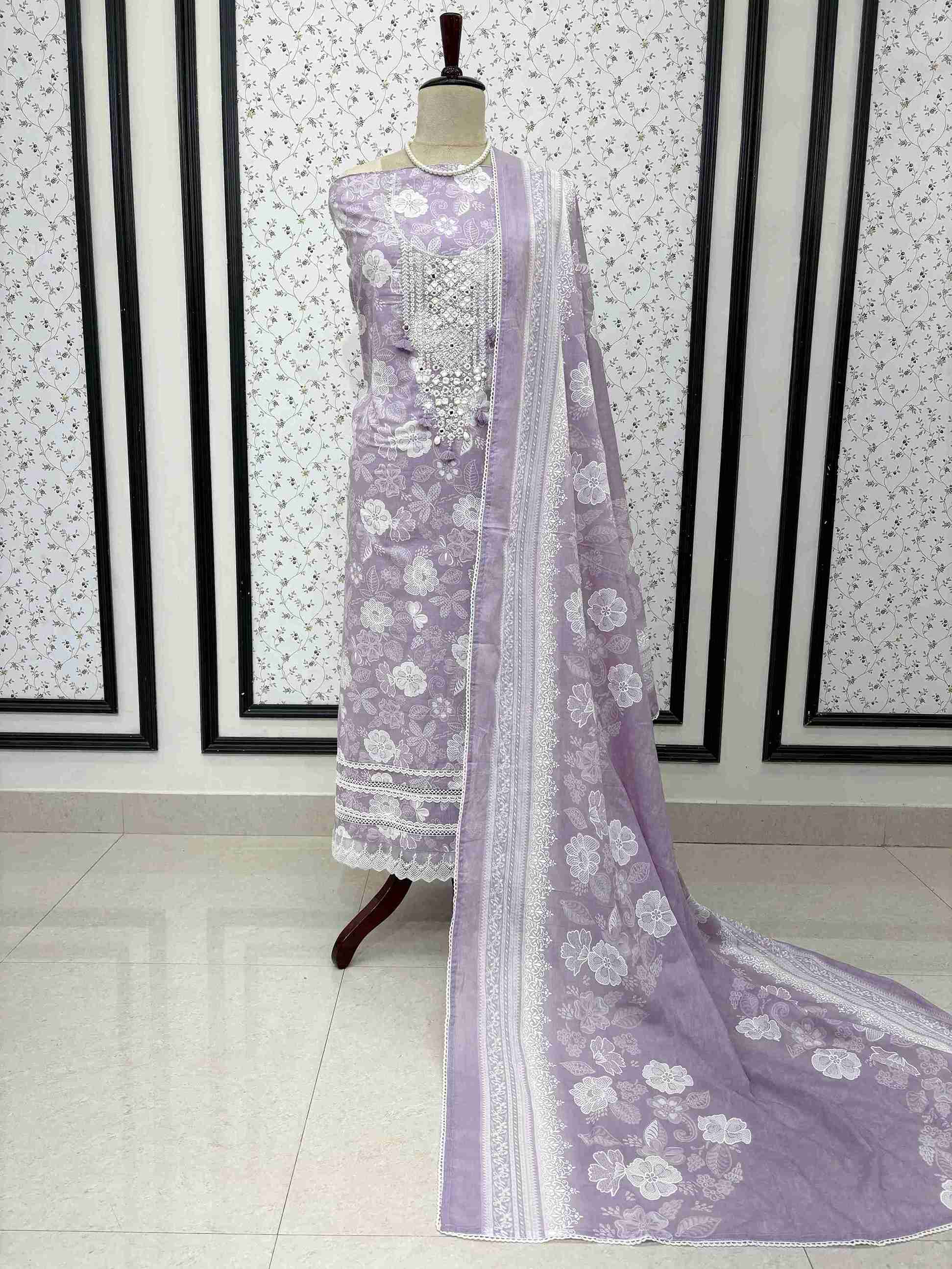 Lilac cotton unstitched suit full front view with floral printed dupatta with lace border draped on mannequin