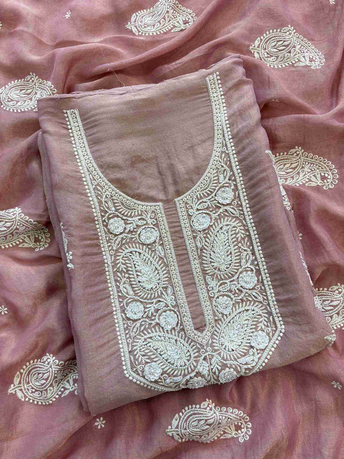Elegant unstitched shimmer tissue suit set with white chikankari inspired embroidery for festive wear