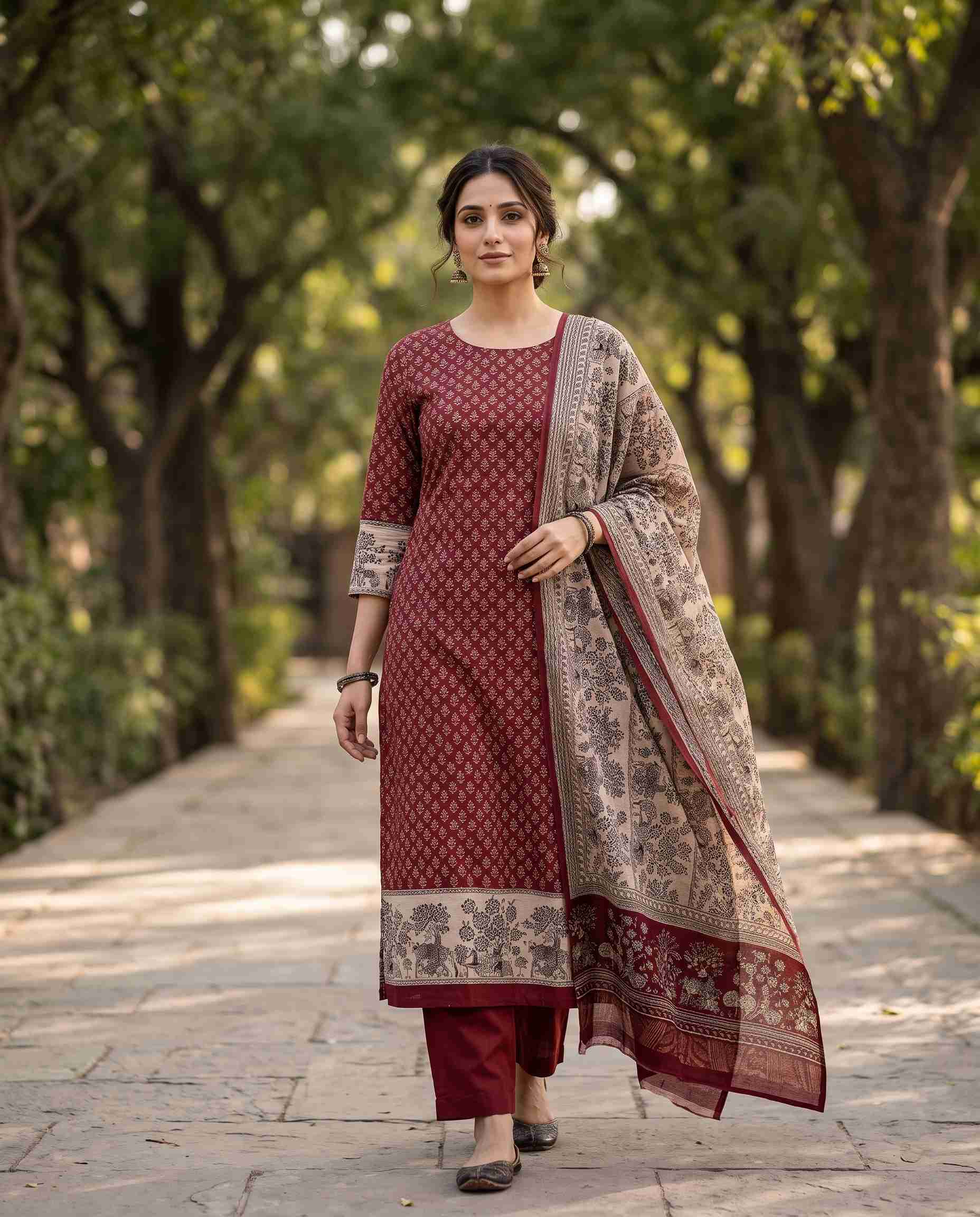 Maroon end border with woven-style edge on chanderi silk dupatta pallu