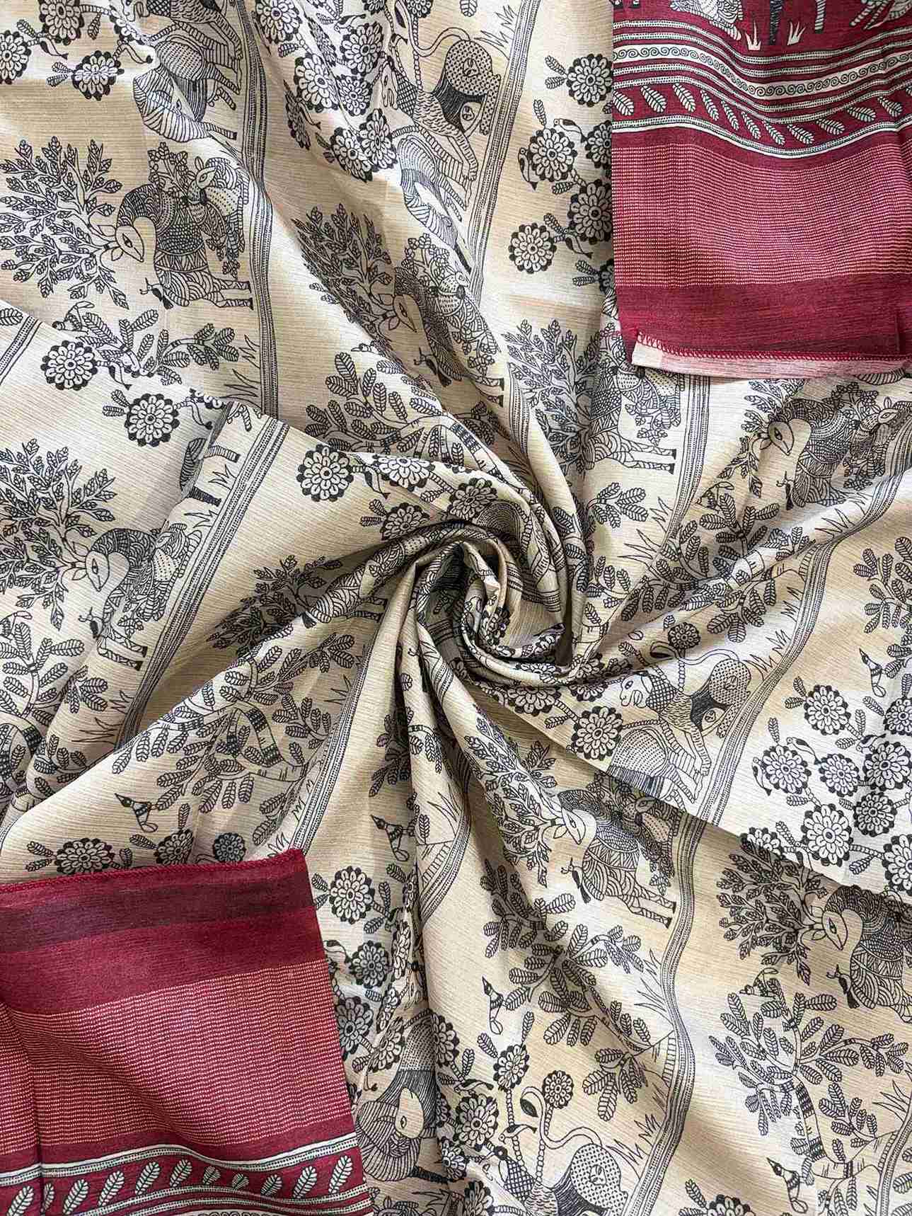 Maroon chanderi silk dupatta with printed geometric animal figures and tree scene