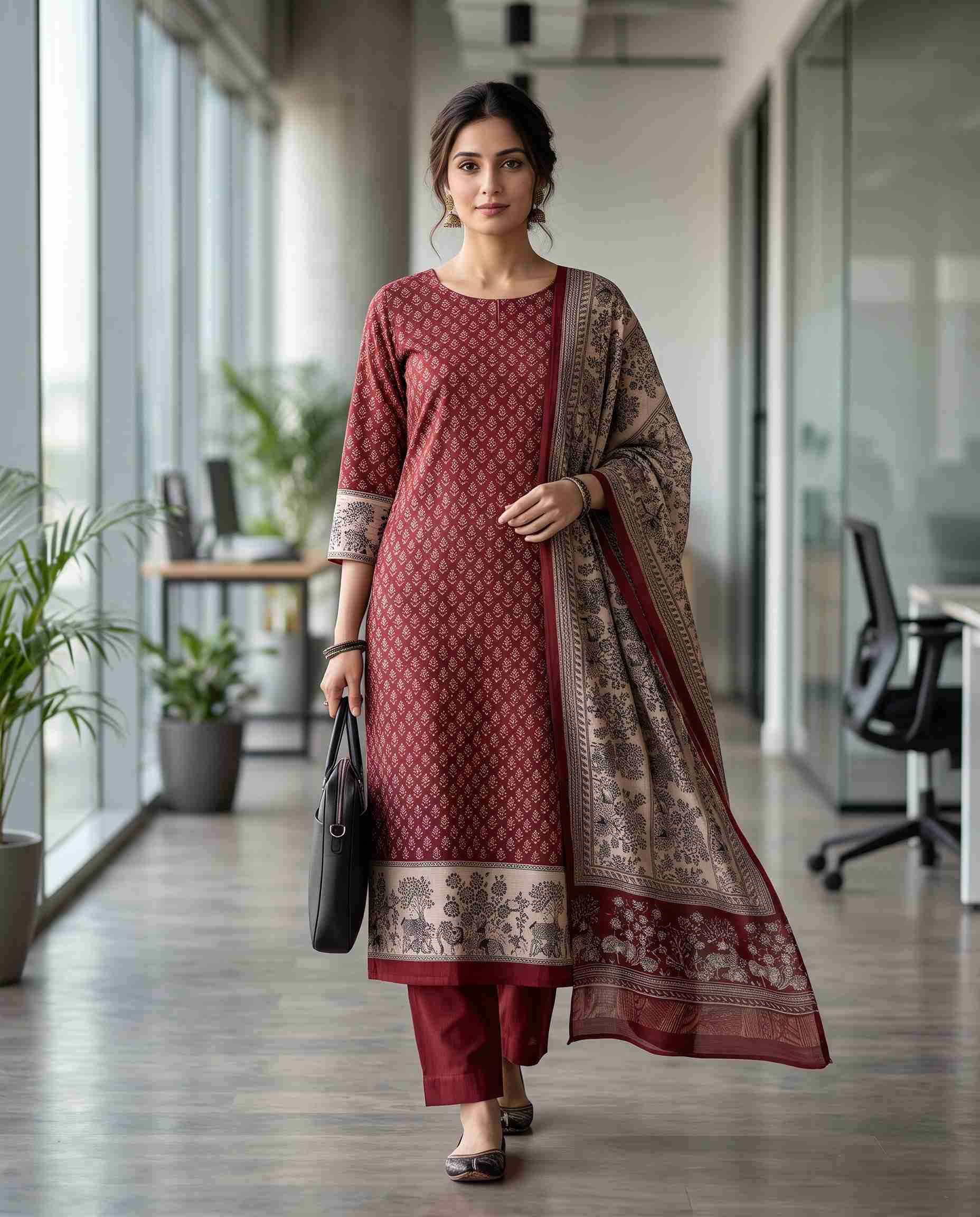 Maroon chanderi silk unstitched suit with printed motifs, sequin embellishment and animal figure printed dupatta