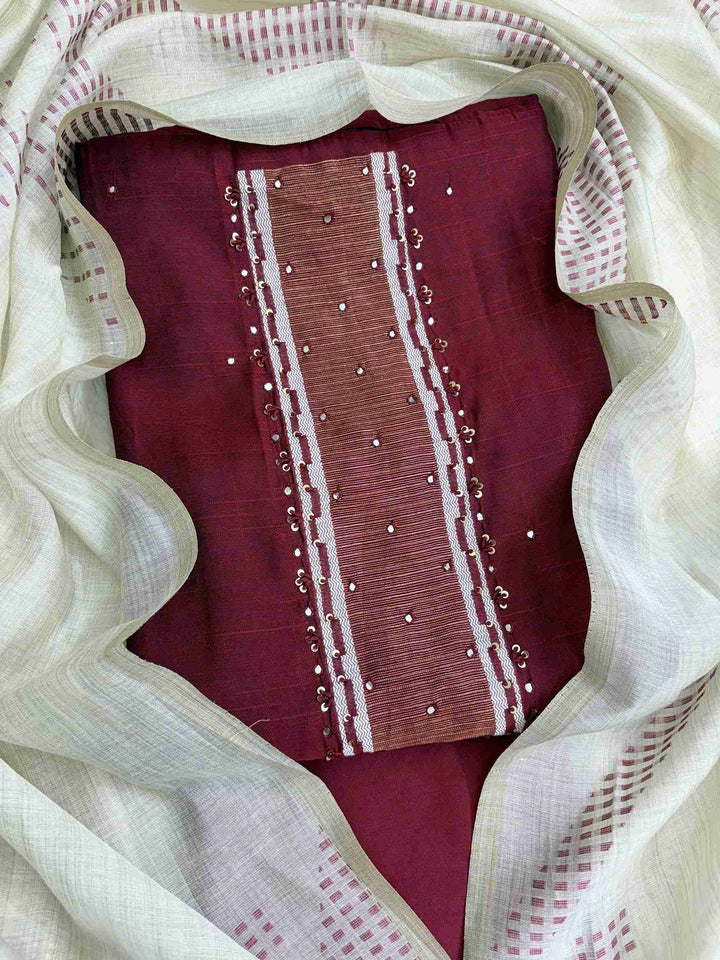 Close view of maroon viscose shirt featuring mirror highlight detailing on neckline