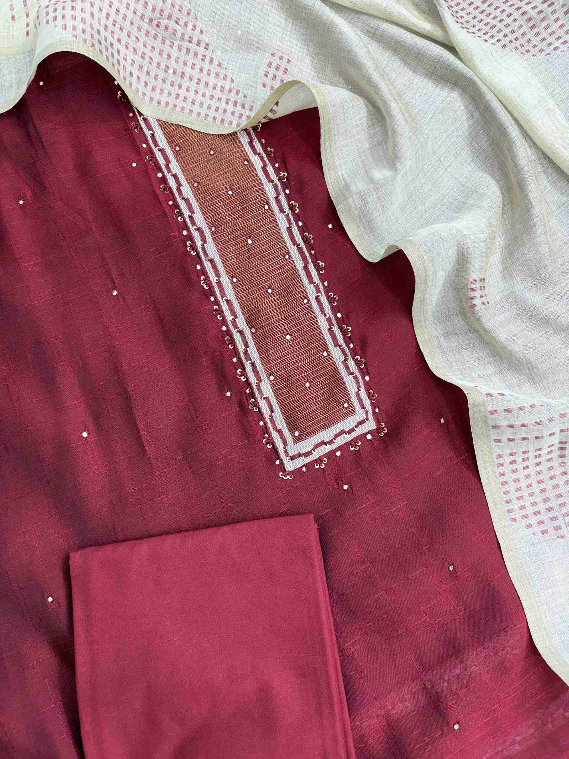 Front view of maroon viscose unstitched shirt with elegant mirror accents