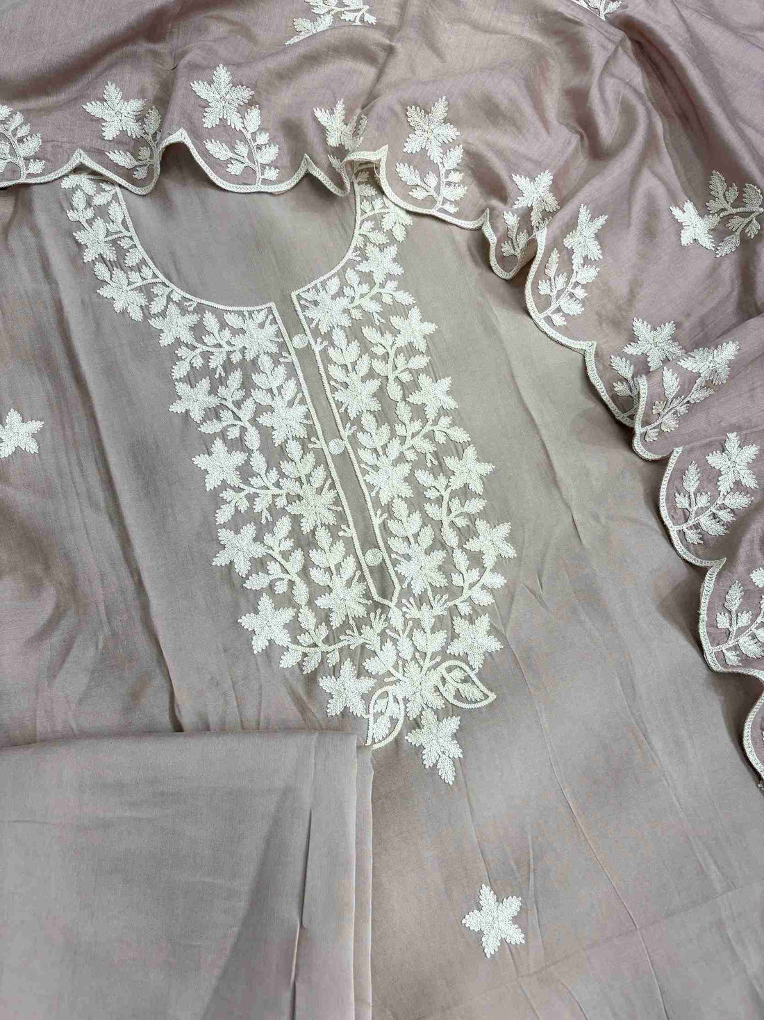 Complete mauve  jaam cotton unstitched suit flat lay set with shirt, dupatta, and matching bottom
