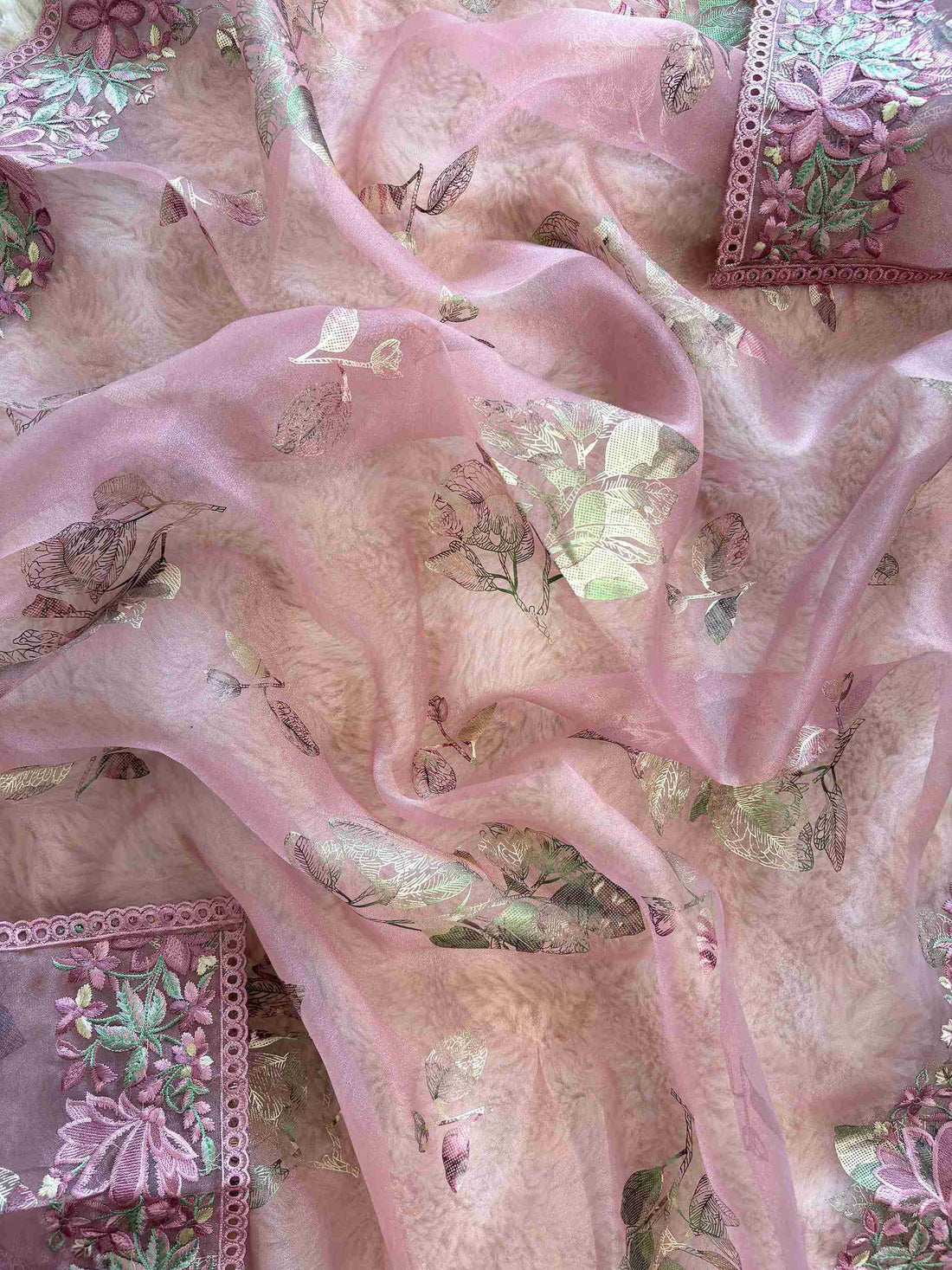 Mauve pink glass organza dupatta with thread embroidered border and foil print floral motifs