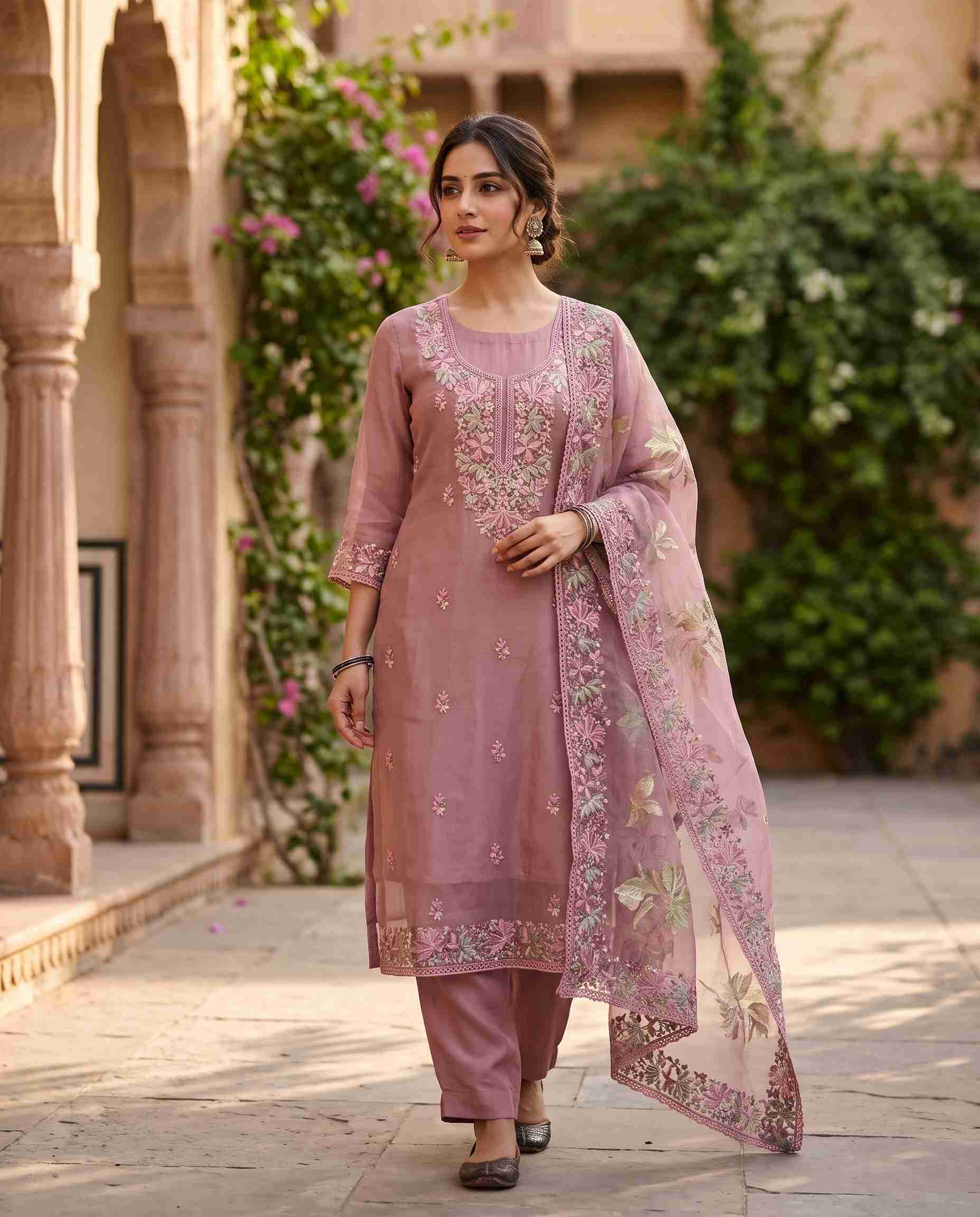Floral thread embroidery along the hemline of mauve pink glass organza suit