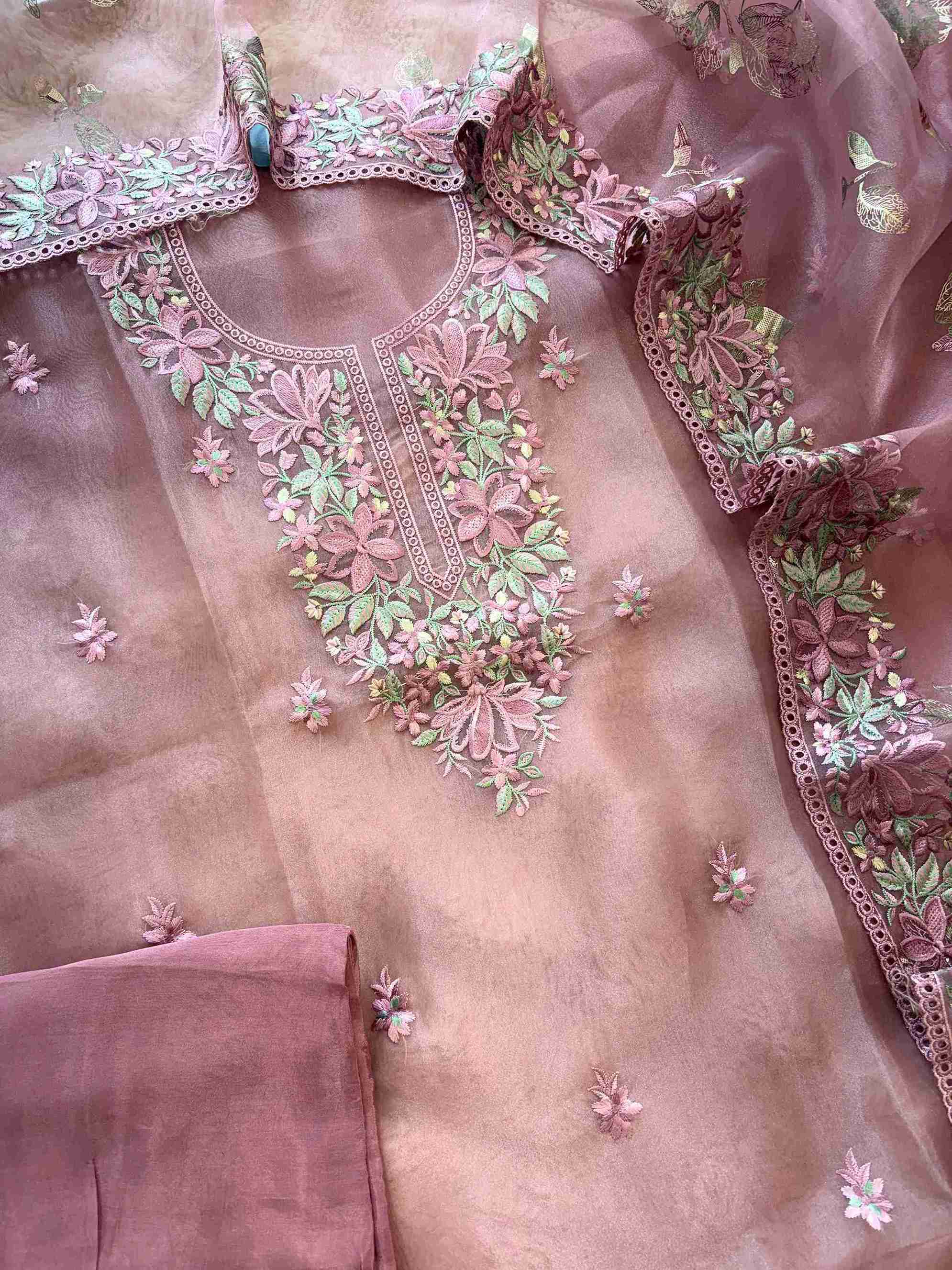 Mauve pink glass organza unstitched suit set flatlay with dupatta and opada silk bottom