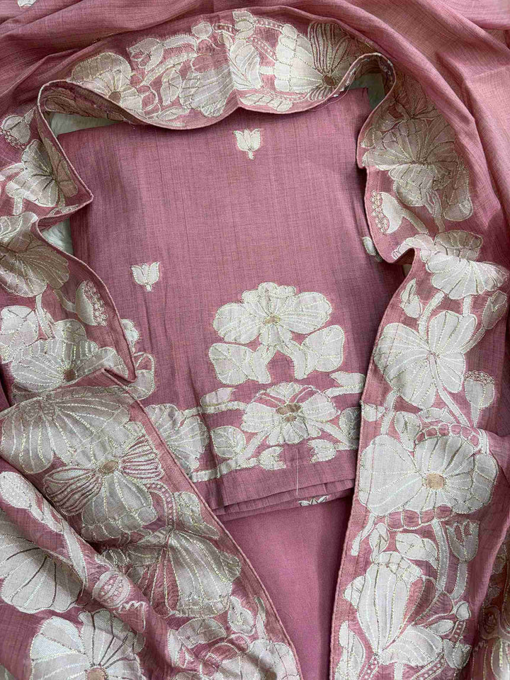mauve pink mul chanderi cotton suit with woven floral vine detailing and elegant dupatta front view