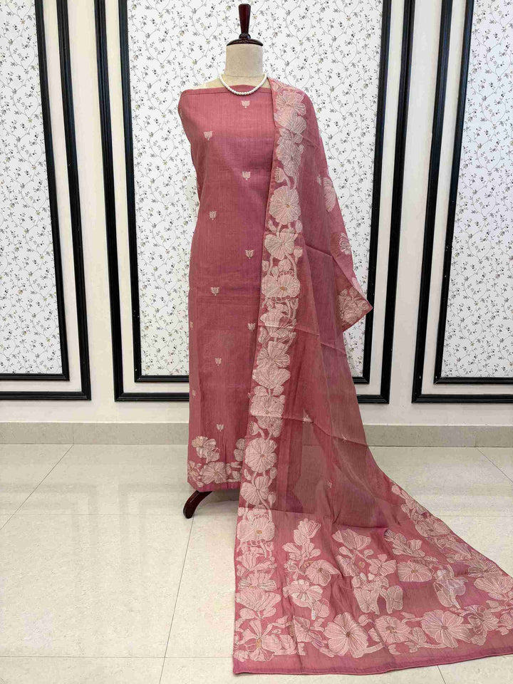 Full unstitched mauve pink mul chanderi cotton suit set with dupatta and matching bottom
