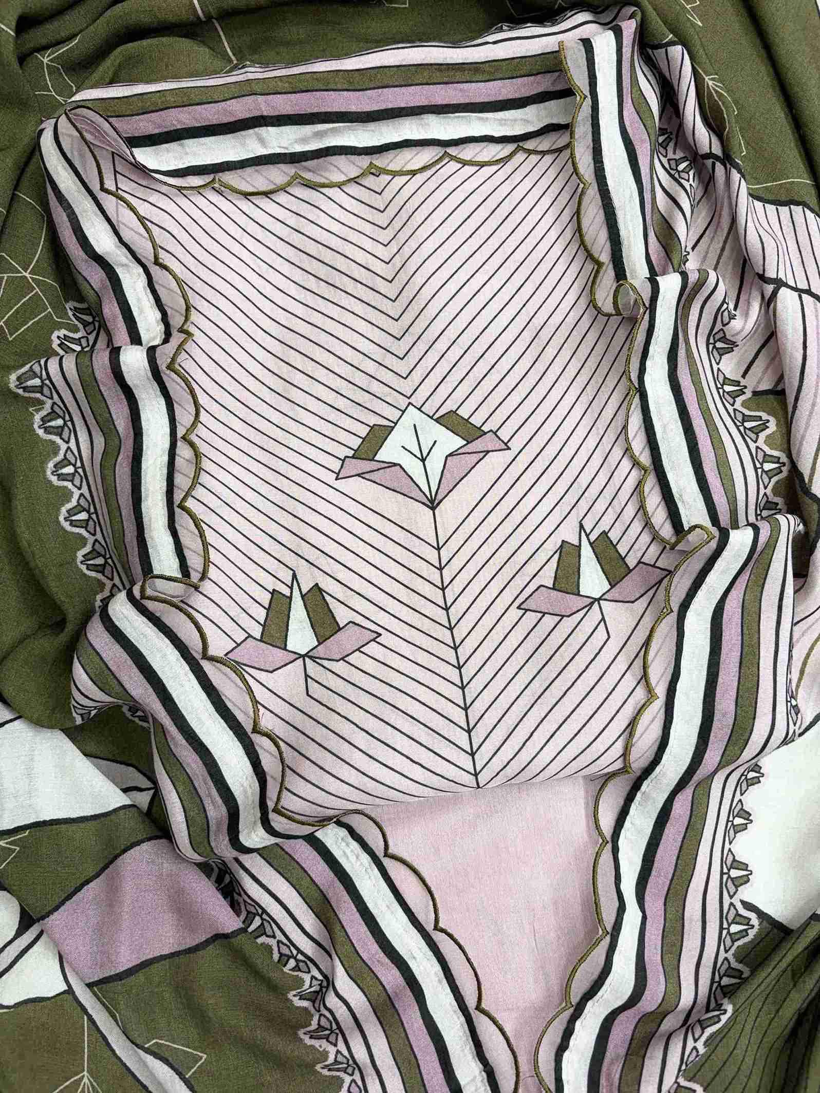 Front view of mauve pink and olive green pure muslin shirt featuring elegant digital print design