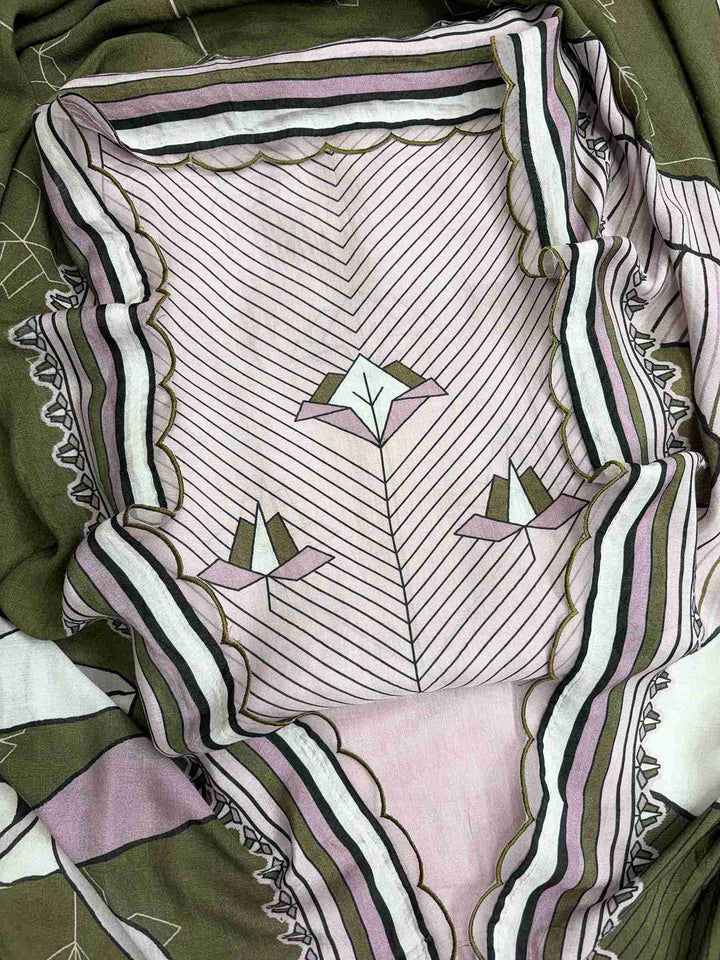 Front view of mauve pink and olive green pure muslin shirt featuring elegant digital print design