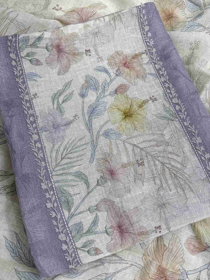 All-over tonal printed texture in soft botanical impressions across mauve purple pure linen shirt body