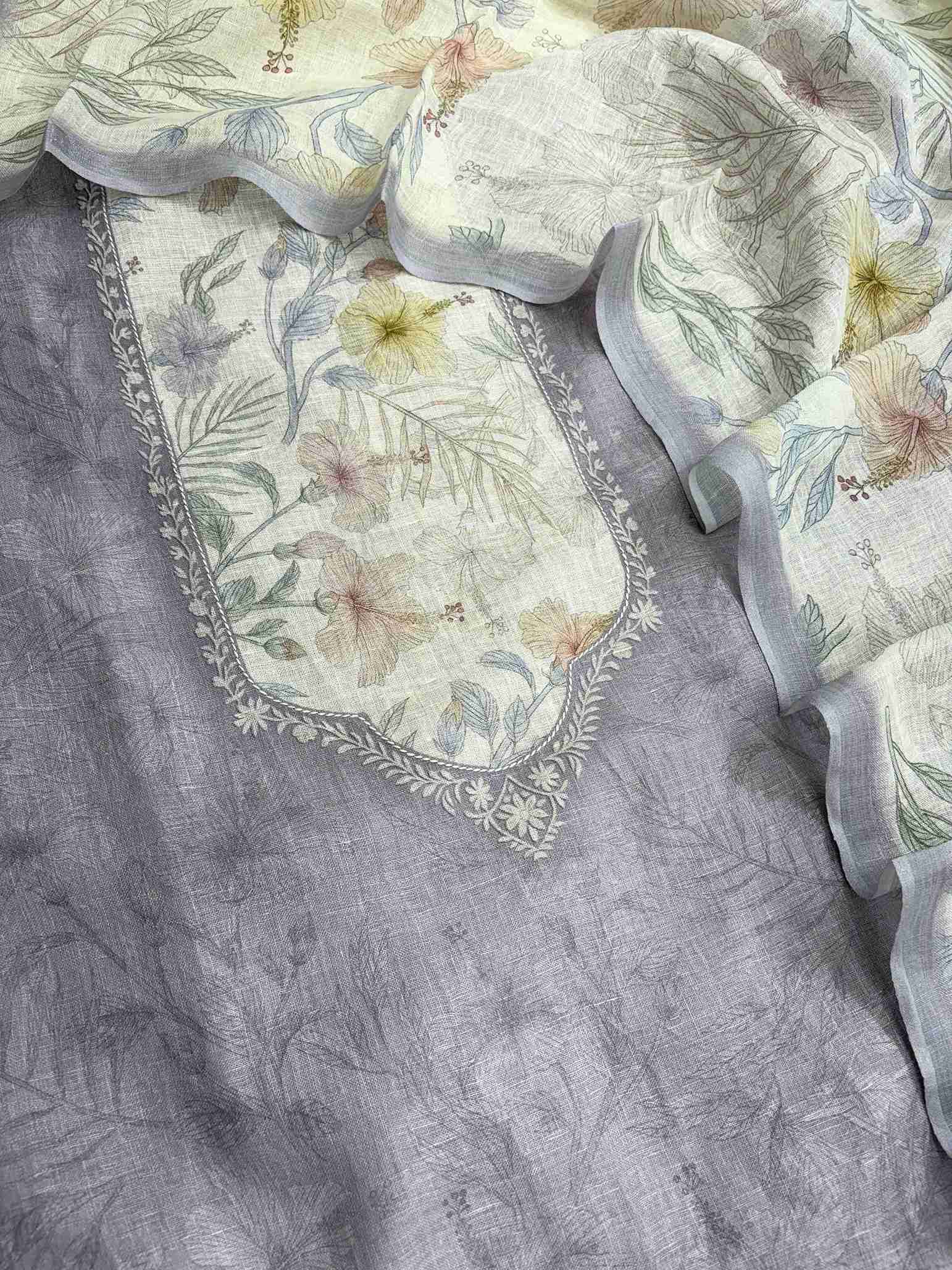 Complete mauve purple pure linen unstitched suit flat lay set with shirt, off-white floral dupatta, and cotton bottom