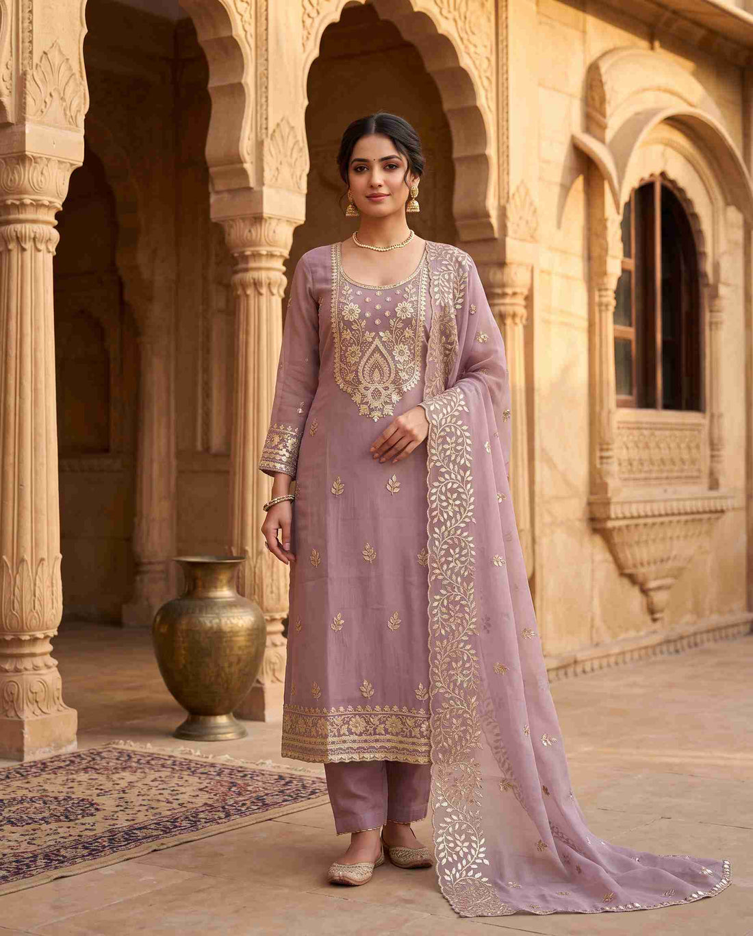 Model wearing Mauve shimmer tissue unstitched suit with leather gota work and tissue dupatta