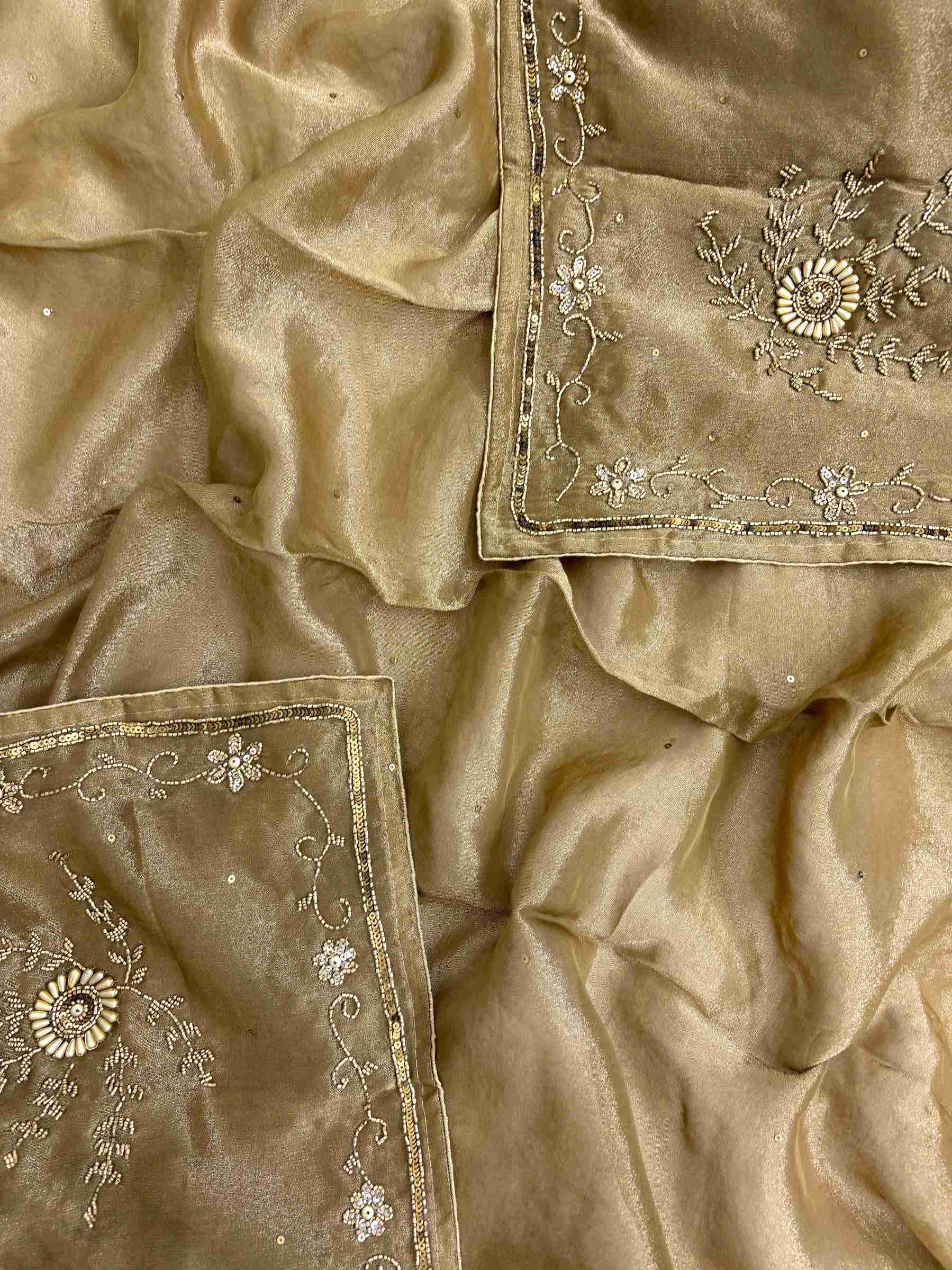 Metallic bronze shimmer tissue dupatta with heavily embroidered borders