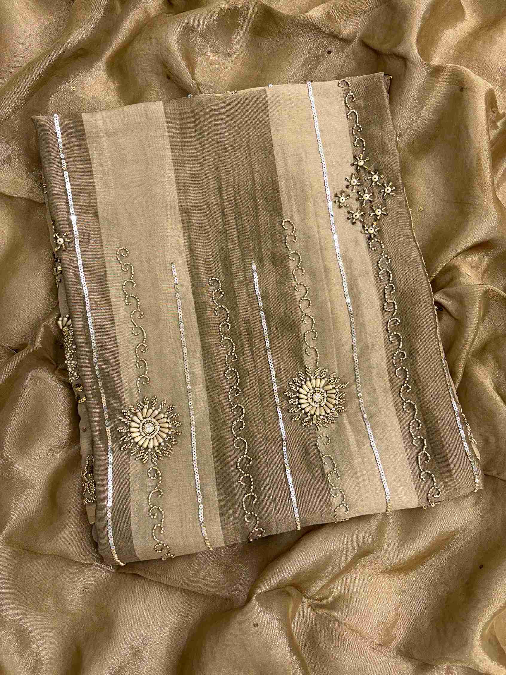 Metallic bronze shimmer tissue shirt with intricate beadwork and zardozi-inspired detailing