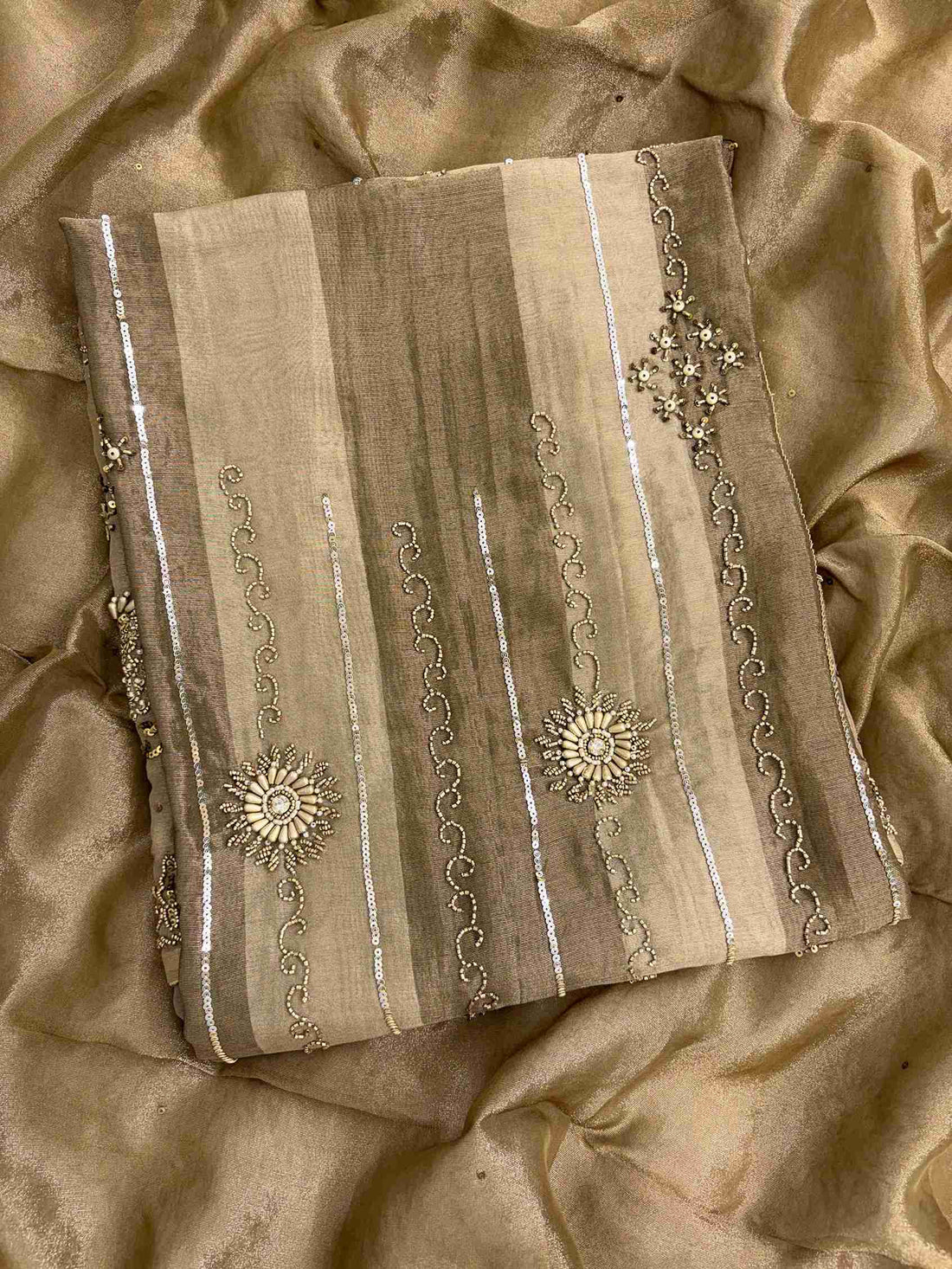 Metallic bronze shimmer tissue shirt with intricate beadwork and zardozi-inspired detailing