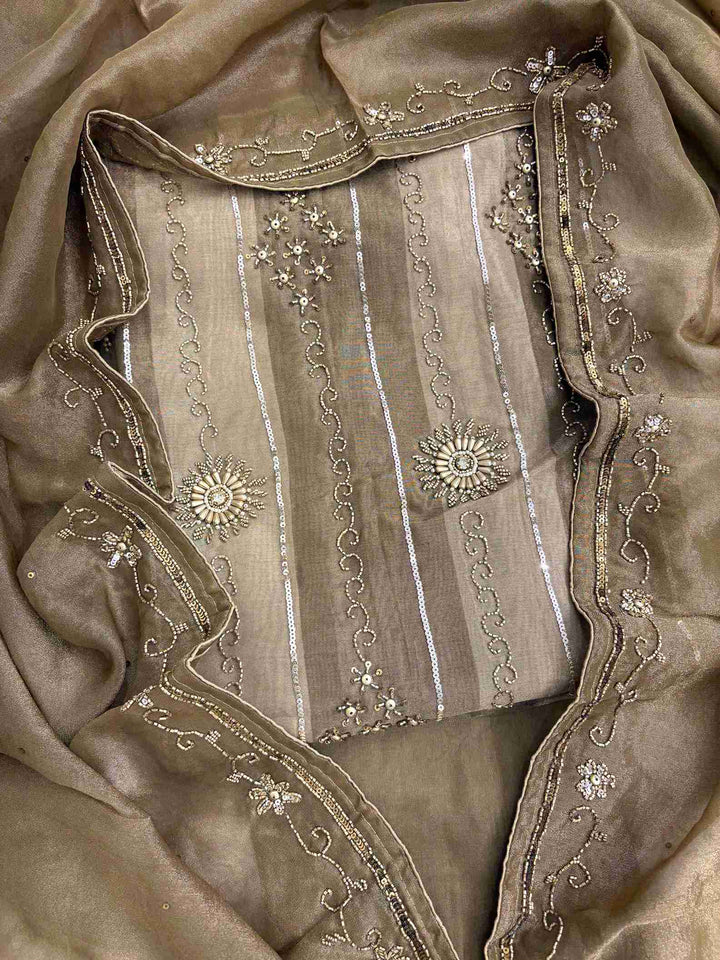 Metallic bronze shimmer tissue unstitched suit set with heavy hand embroidery