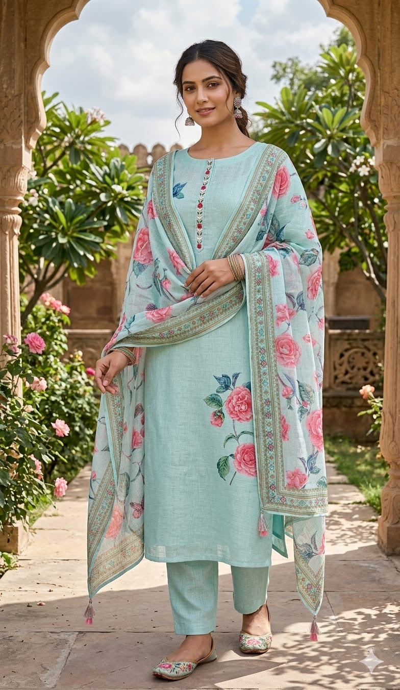 Mint blue linen unstitched suit full front view worn by model with multicolor digital floral print dupatta draped