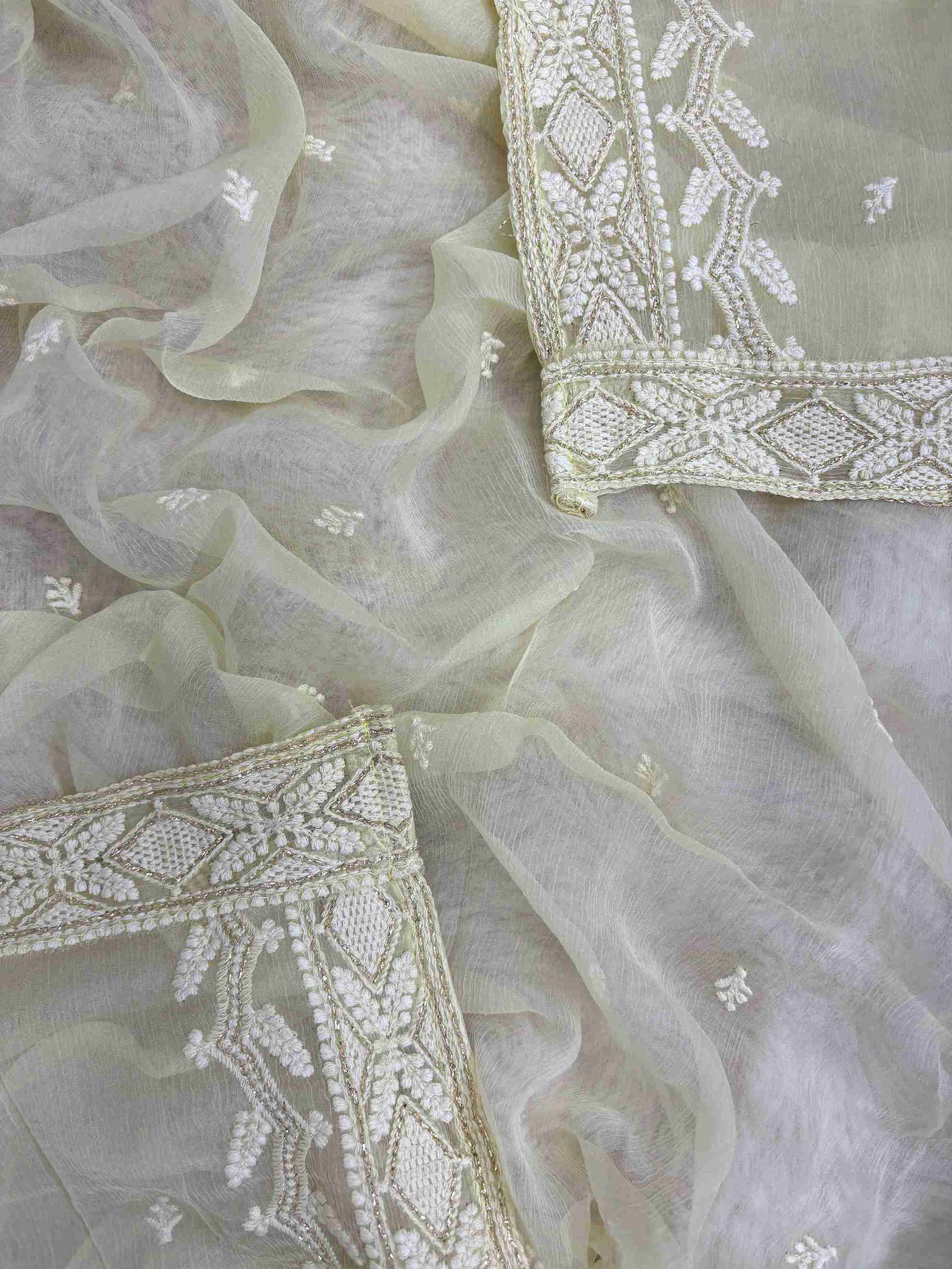 Mint green chiffon dupatta with delicate chikankari floral motifs