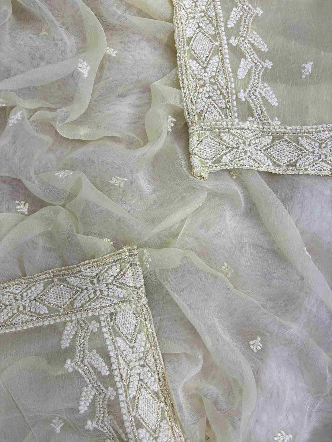 Mint green chiffon dupatta with delicate chikankari floral motifs