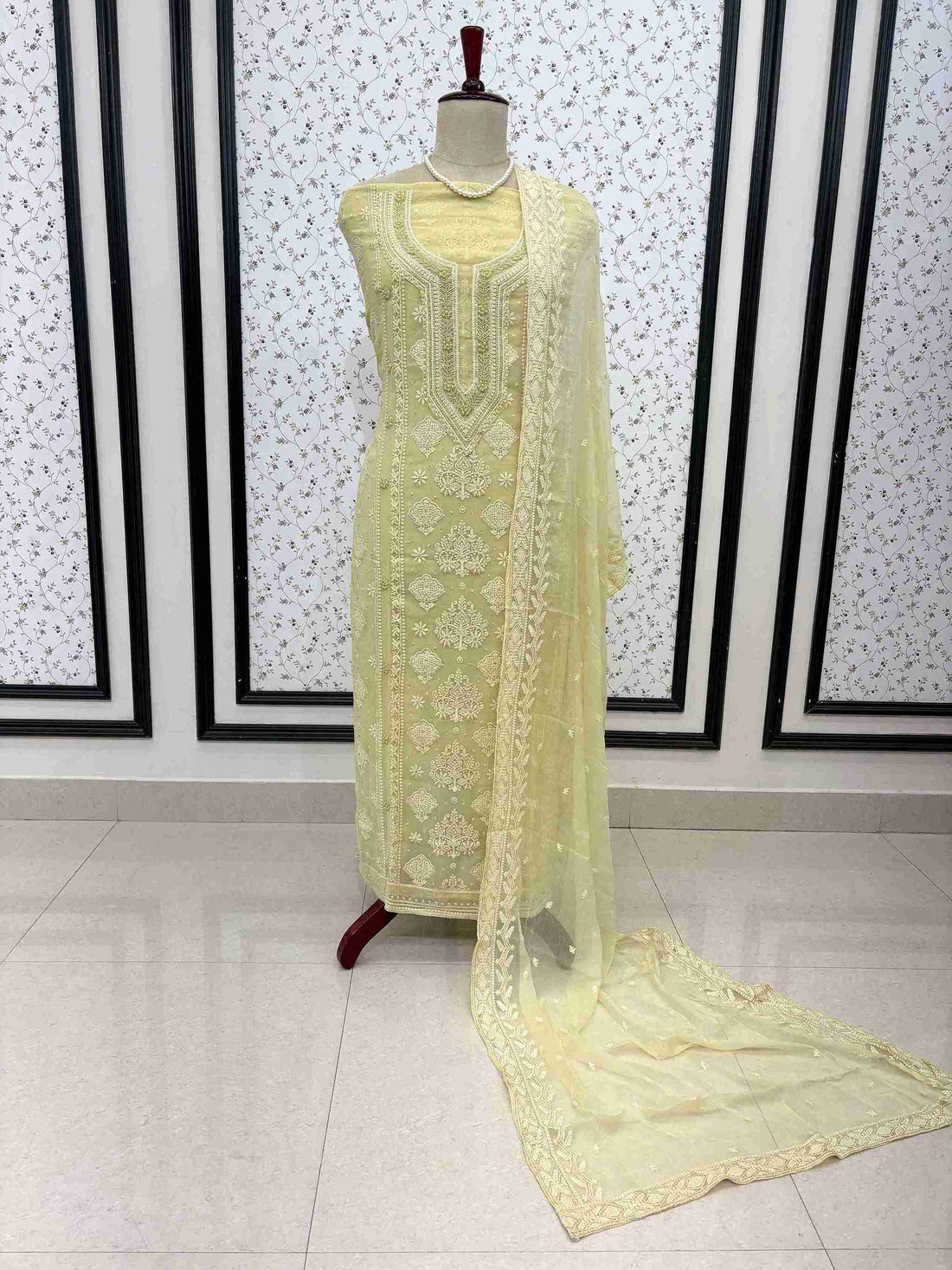 Mint green heavy chikankari wedding wear unstitched suit set with dupatta