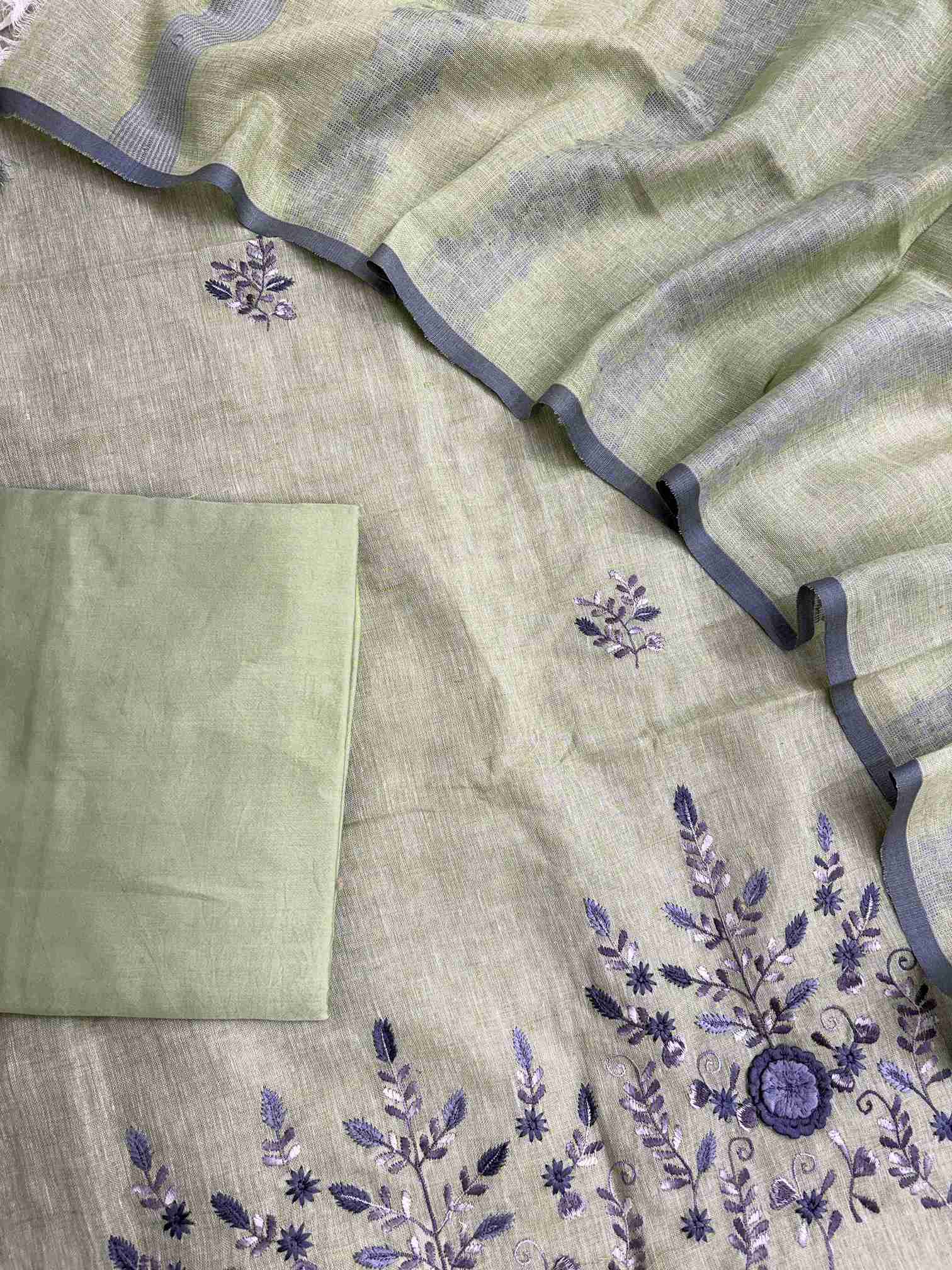 mint green pure linen unstitched suit full flat lay set with shirt, dupatta, and cotton bottom