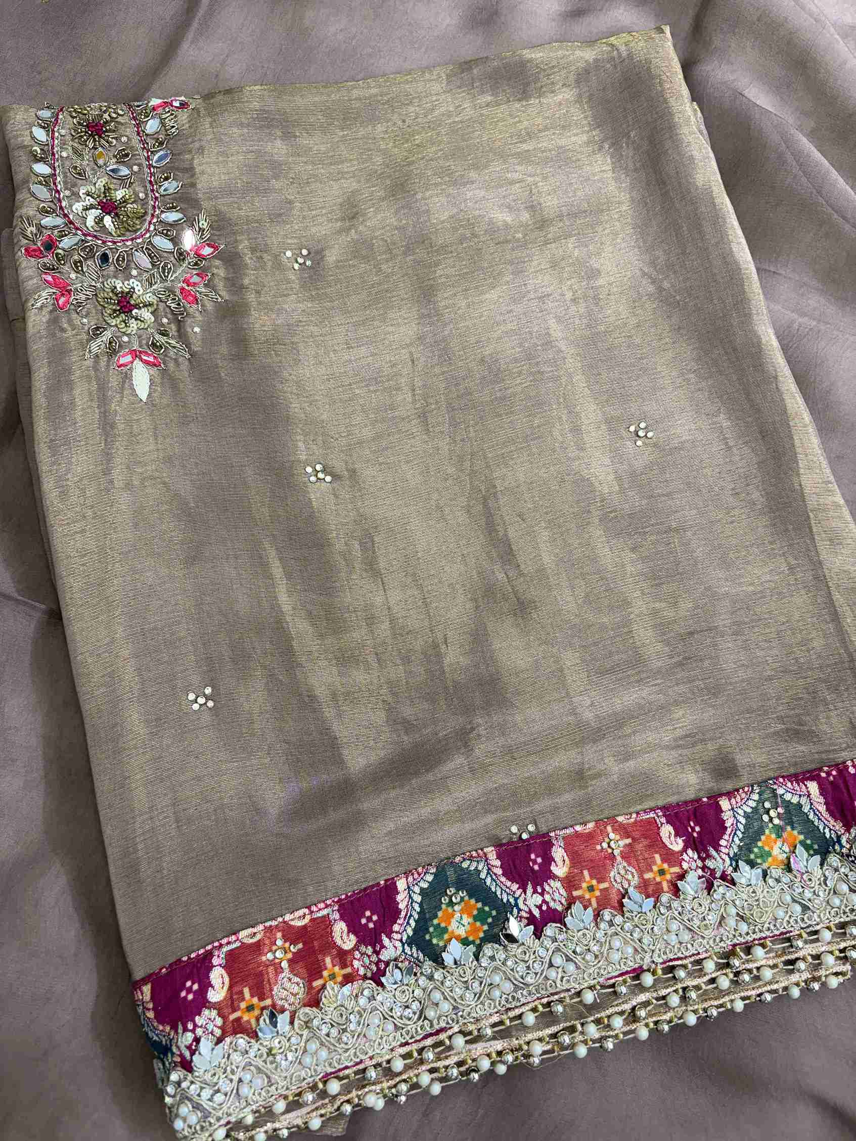 Multicolor woven border at hemline of mocha brown organza dupatta