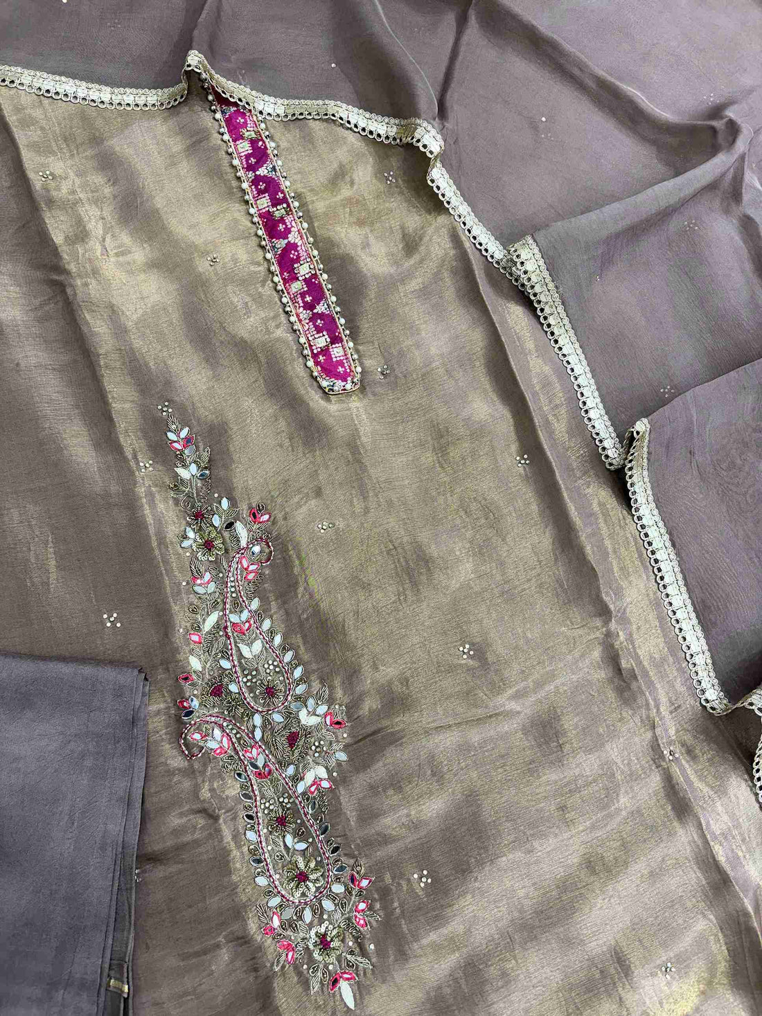 Complete mocha brown organza unstitched suit flat lay set with shirt, dupatta, and bottom