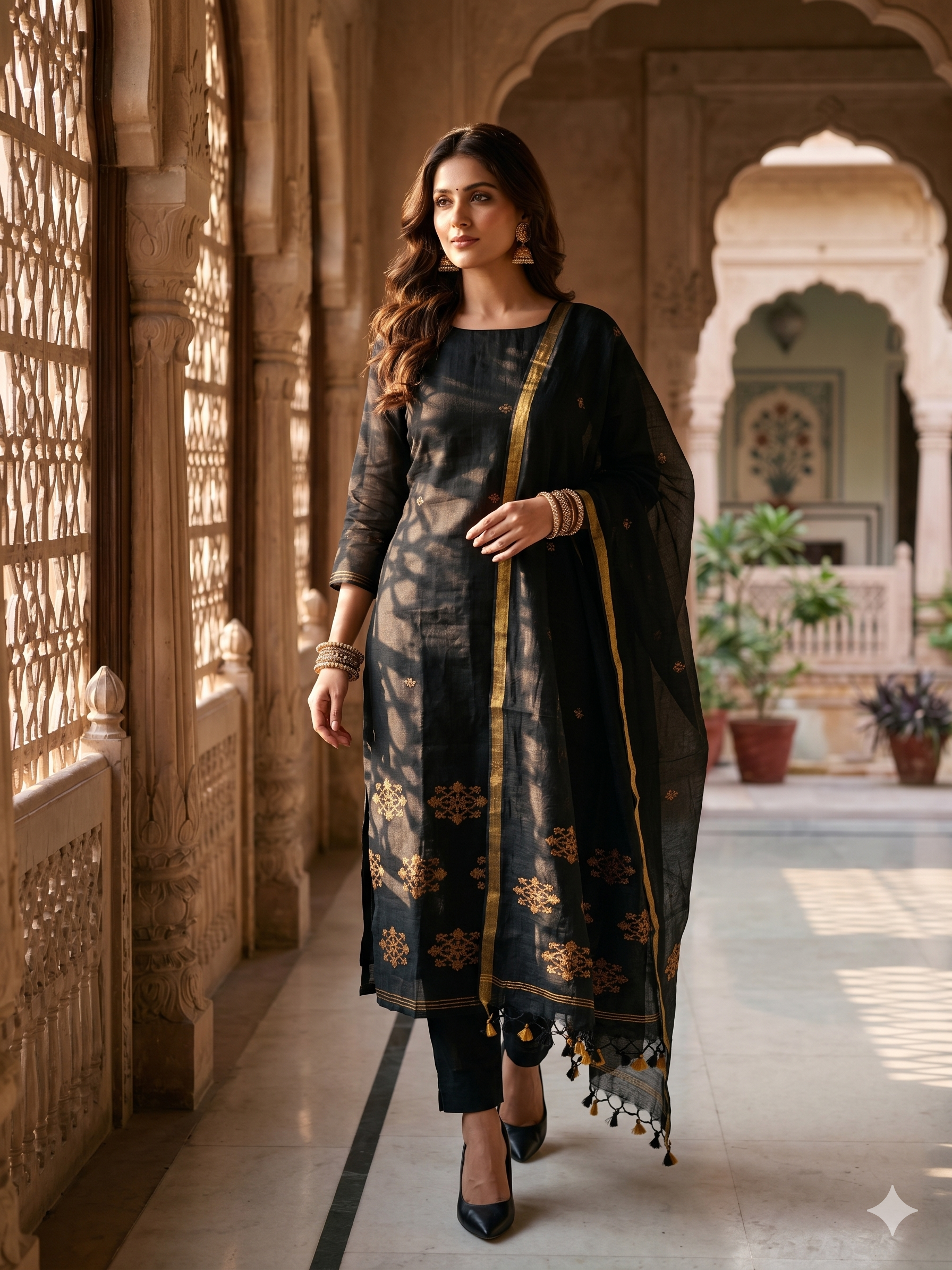 Model wearing complete black pure handloom linen unstitched 2-piece suit with shirt and dupatta showing golden floral cluster motifs