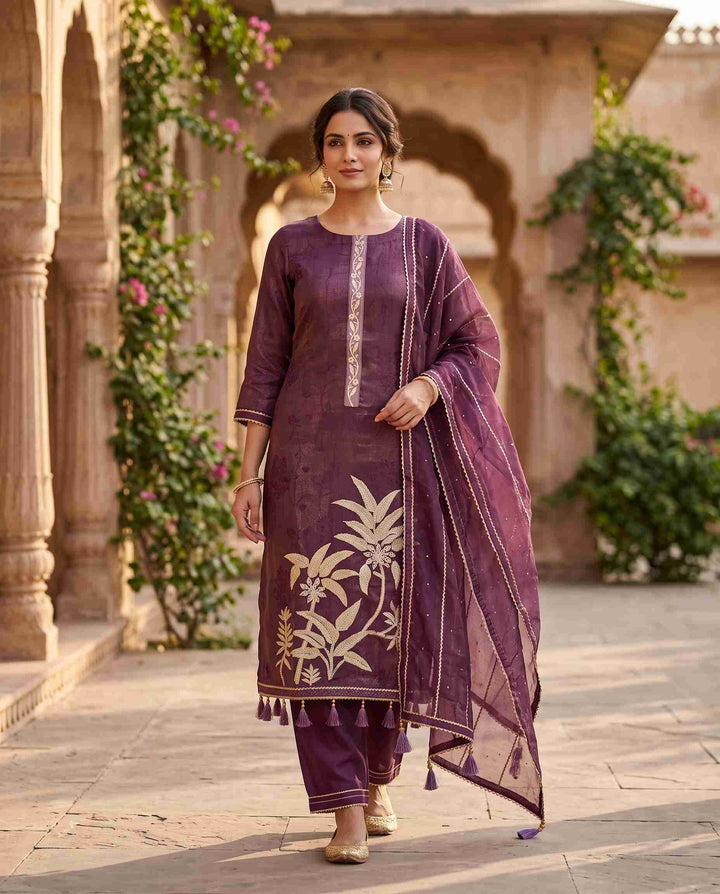 Purple Burberry tissue unstitched suit with gota palm motif daaman and gota lace dupatta