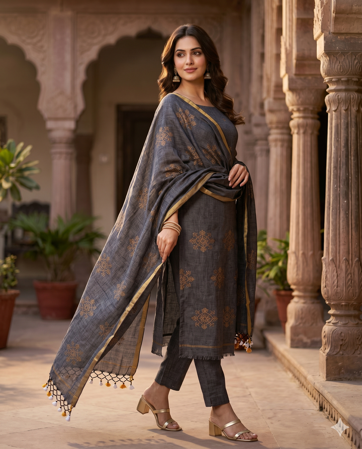 Model wearing complete charcoal grey pure handloom linen unstitched 2-piece suit with shirt and dupatta showing golden floral cluster motifs