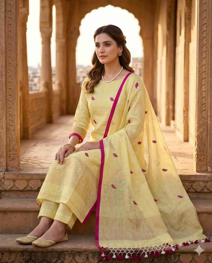 Model wearing lemon yellow linen suit