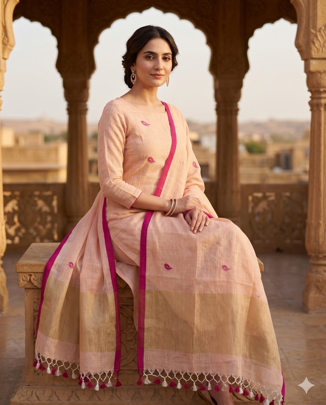 model wearing peach inen suit