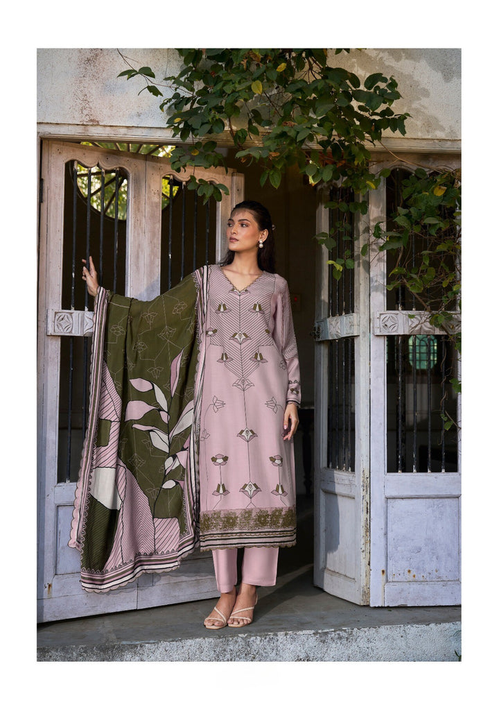 model wearing mauve pink and olive green suit