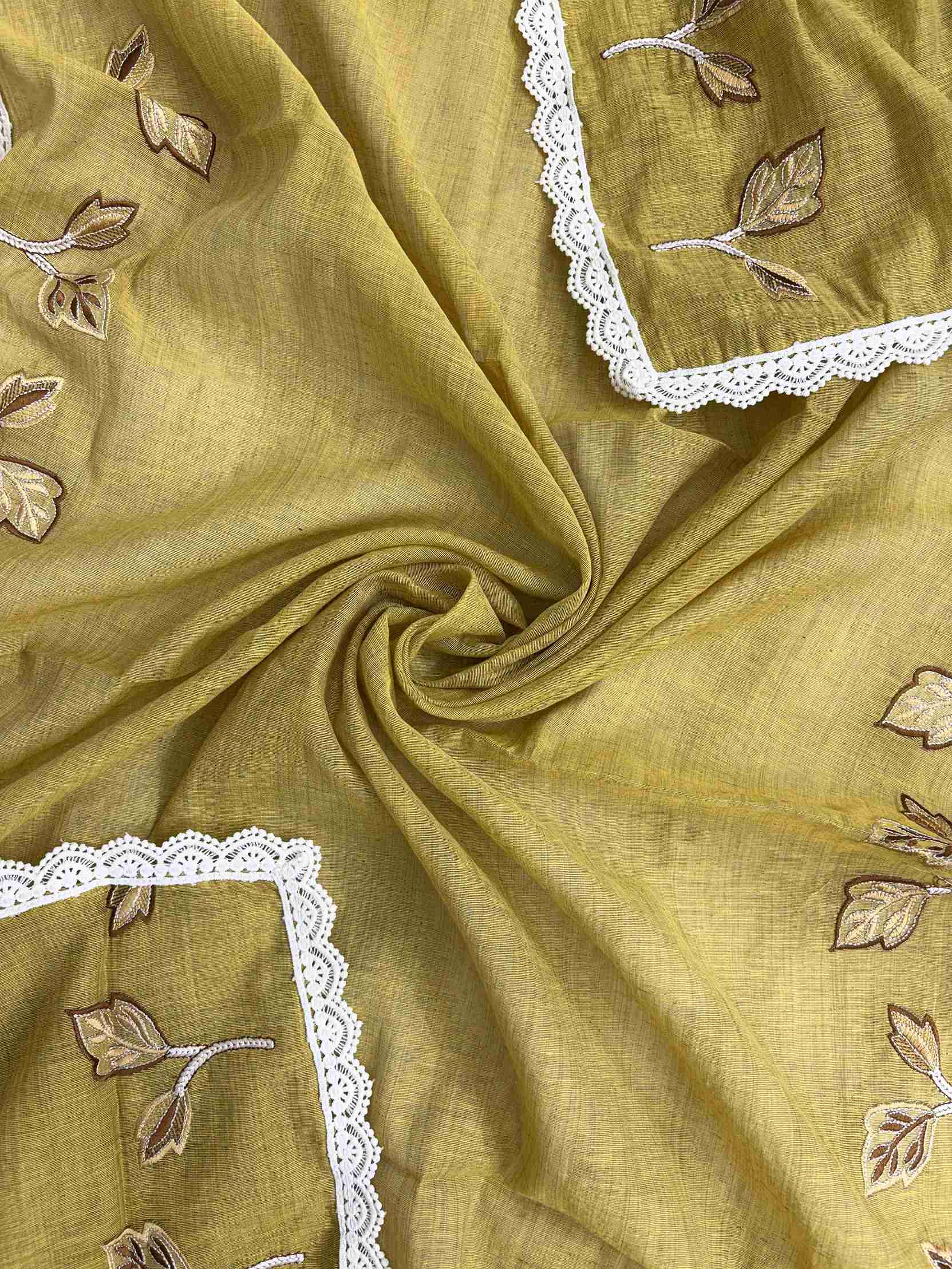 Embroidered border with crotia lace finishing along longer sides of mustard mul chanderi dupatta