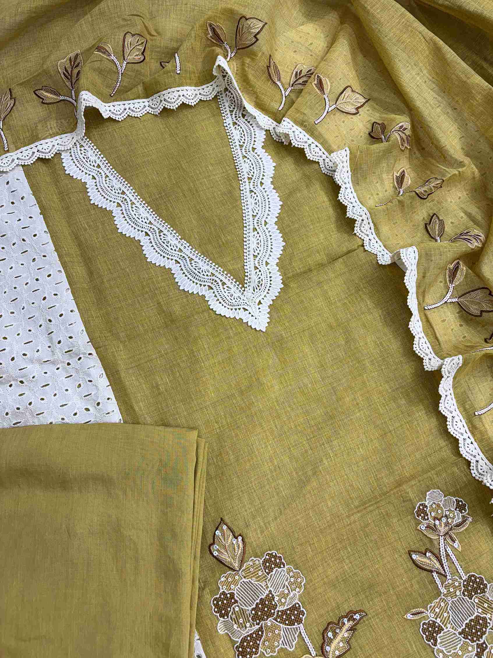 Complete mustard mul chanderi unstitched suit set with shirt, dupatta, and cotton bottom