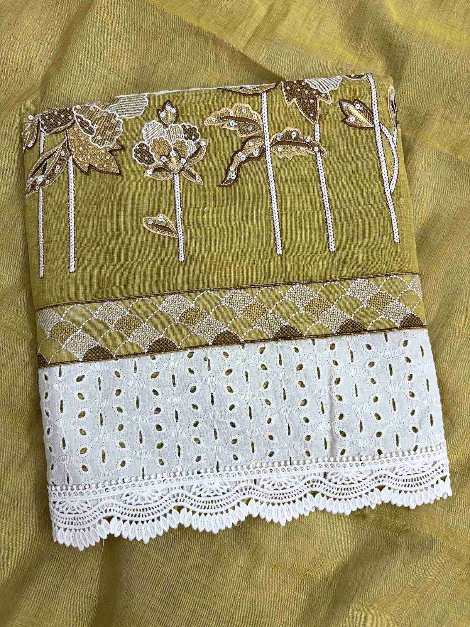 Broad schiffili cotton hem border with crotia lace at the bottom of mustard mul chanderi shirt