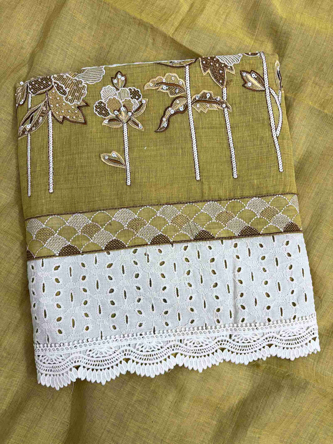 Broad schiffili cotton hem border with crotia lace at the bottom of mustard mul chanderi shirt