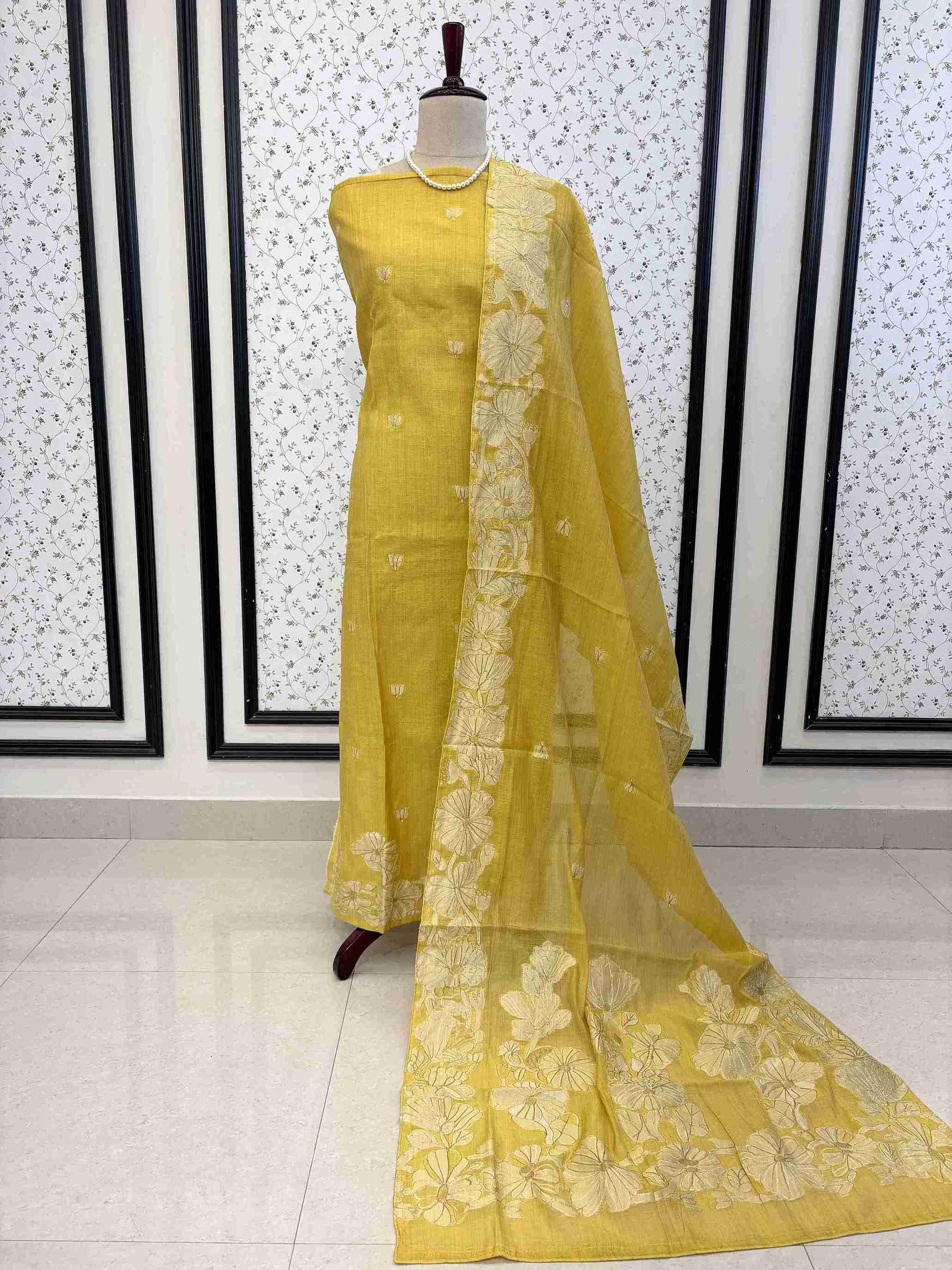 Full unstitched mustard mul chanderi cotton suit set with dupatta and matching bottom