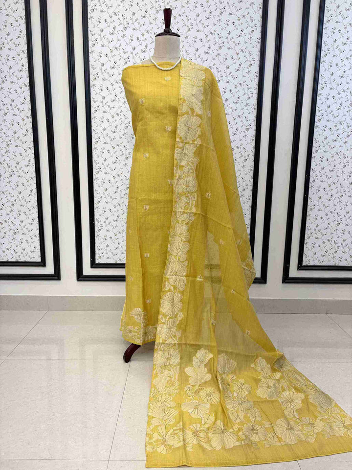 Full unstitched mustard mul chanderi cotton suit set with dupatta and matching bottom
