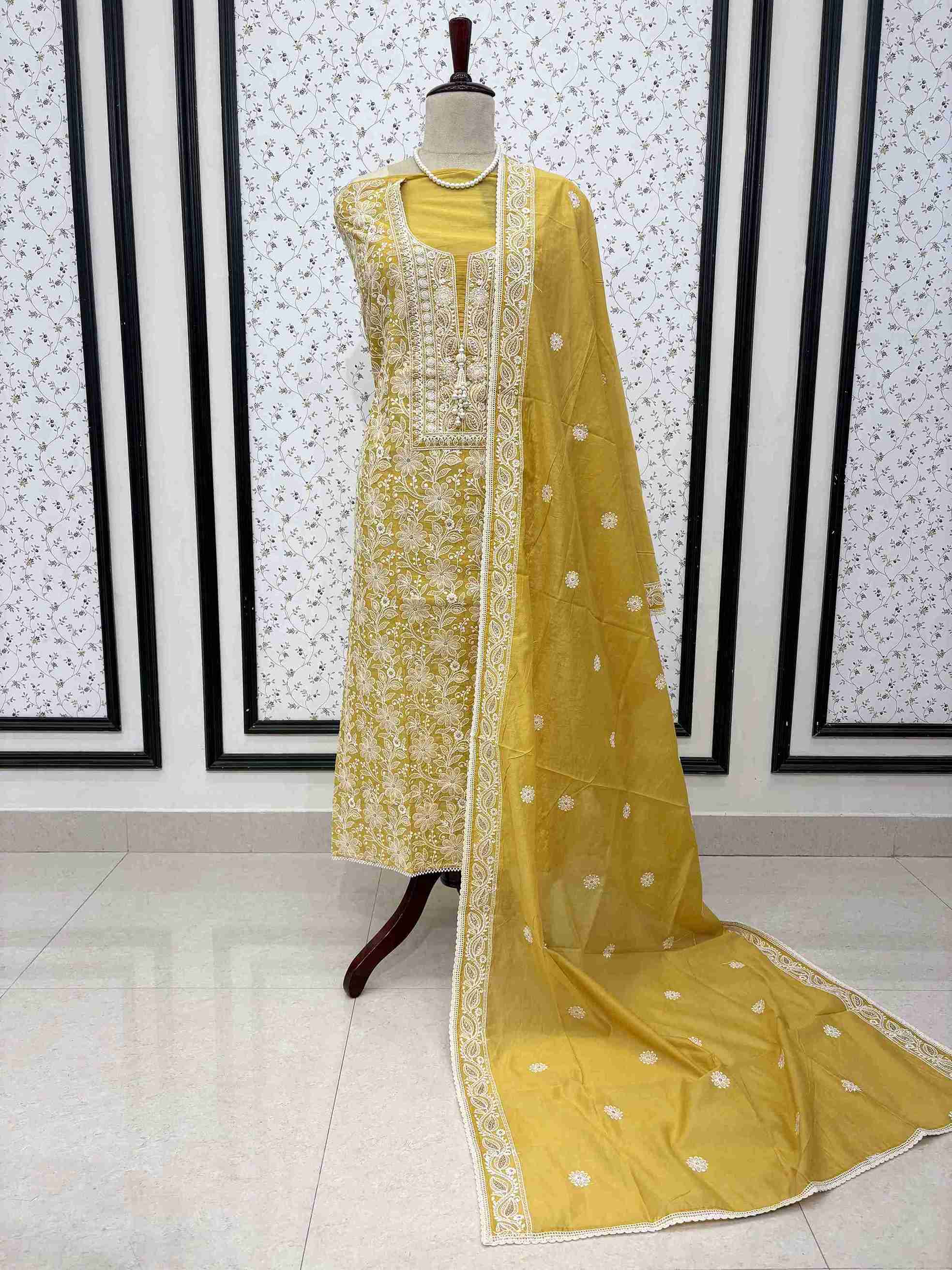 Full unstitched mustard mul chanderi suit set with dupatta and matching bottom