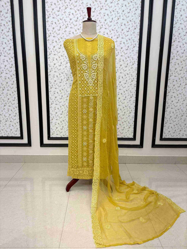 Mustard yellow cotton silk bottom fabric for unstitched suit set