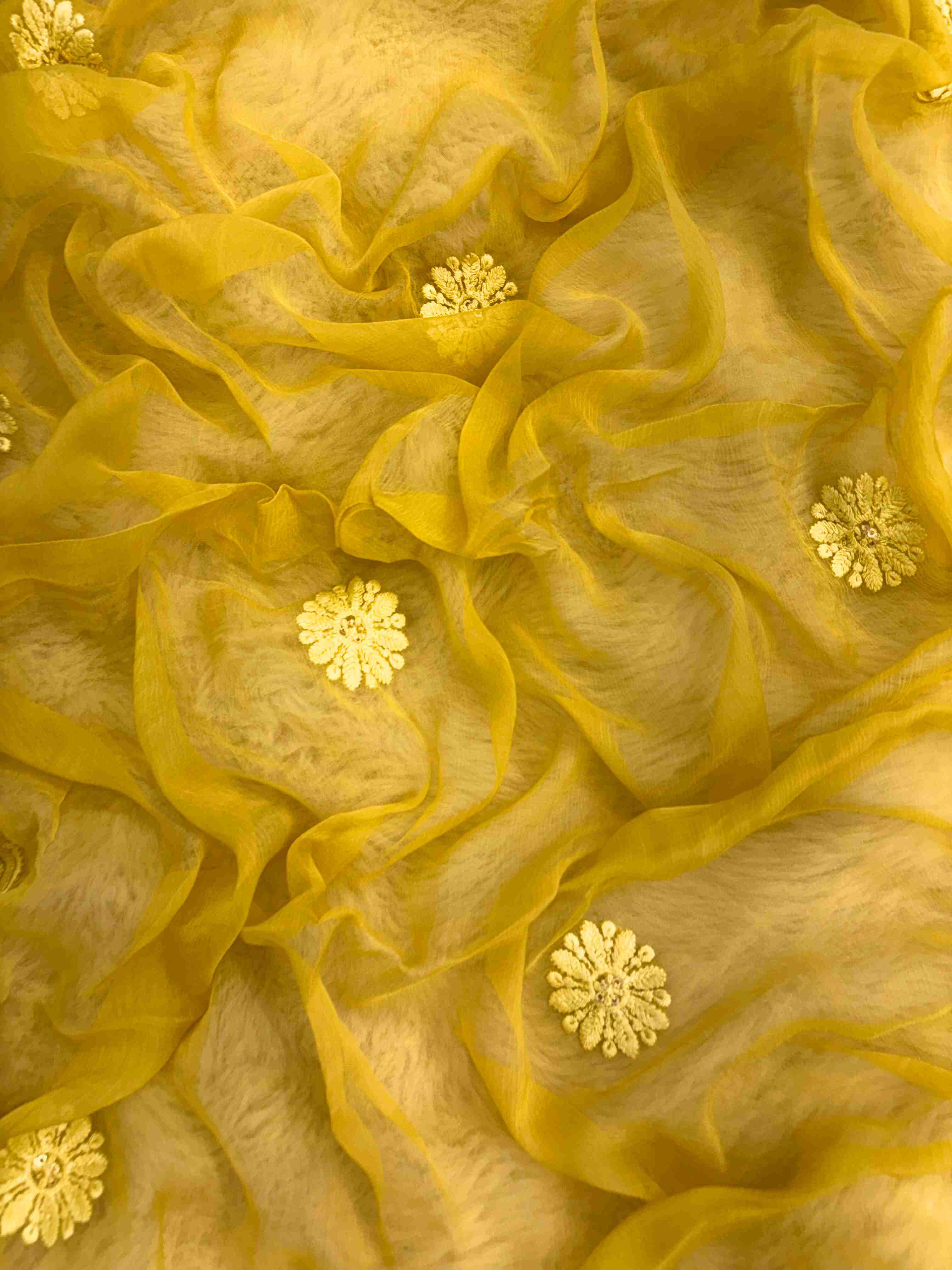 Mustard yellow chiffon dupatta with scalloped chikankari embroidered border