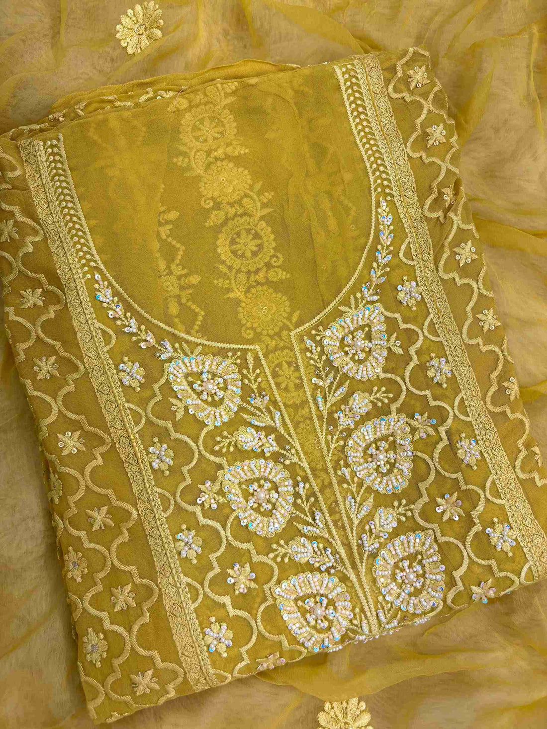 Mustard yellow suit neckline with moti beads and sequence embellishment