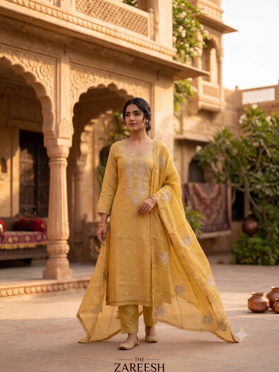Model wearing mustard yellow cotton unstitched suit with embroidered dupatta