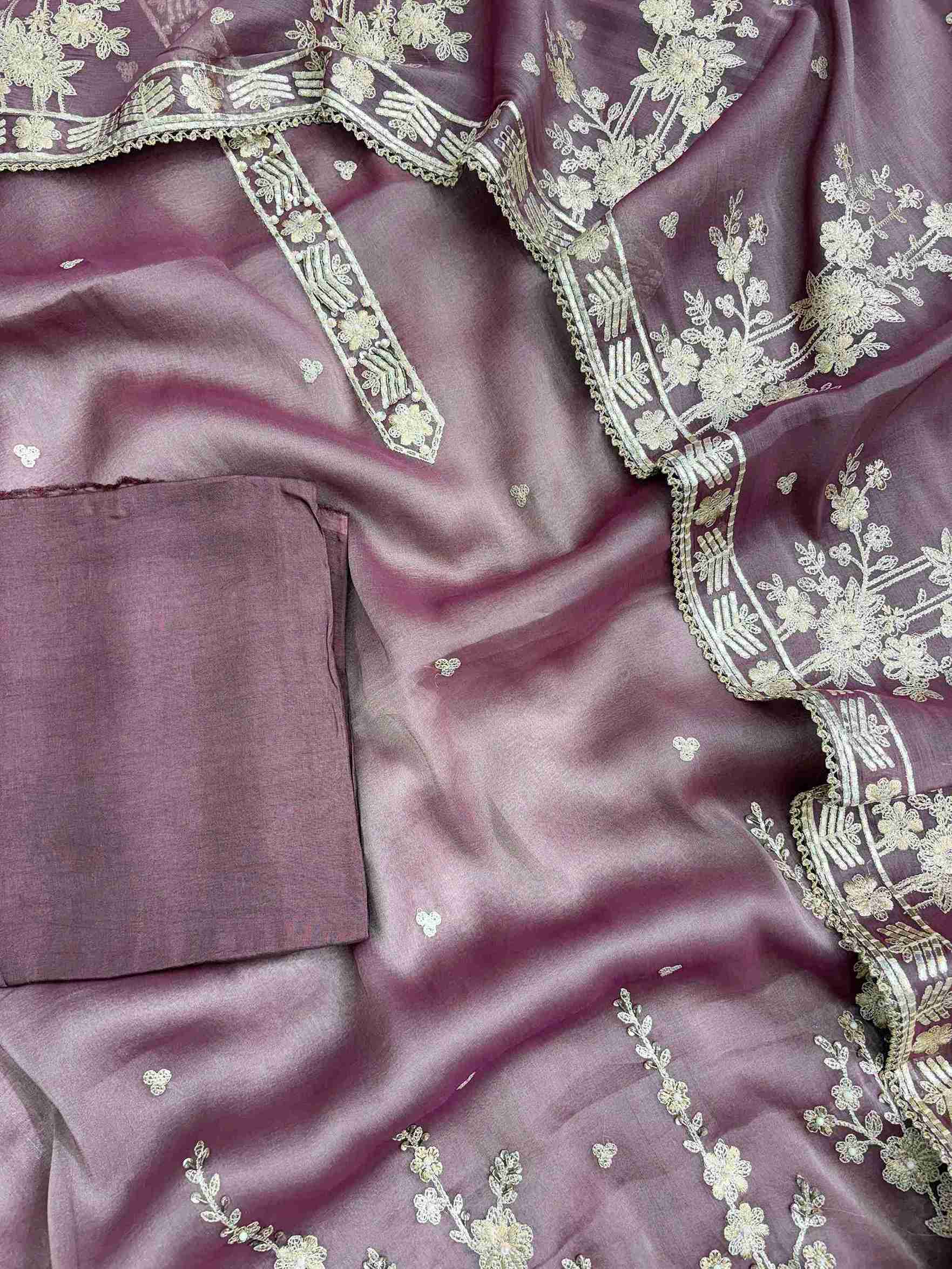 Muted mauve tissue shirt daaman finished with thin gota work
