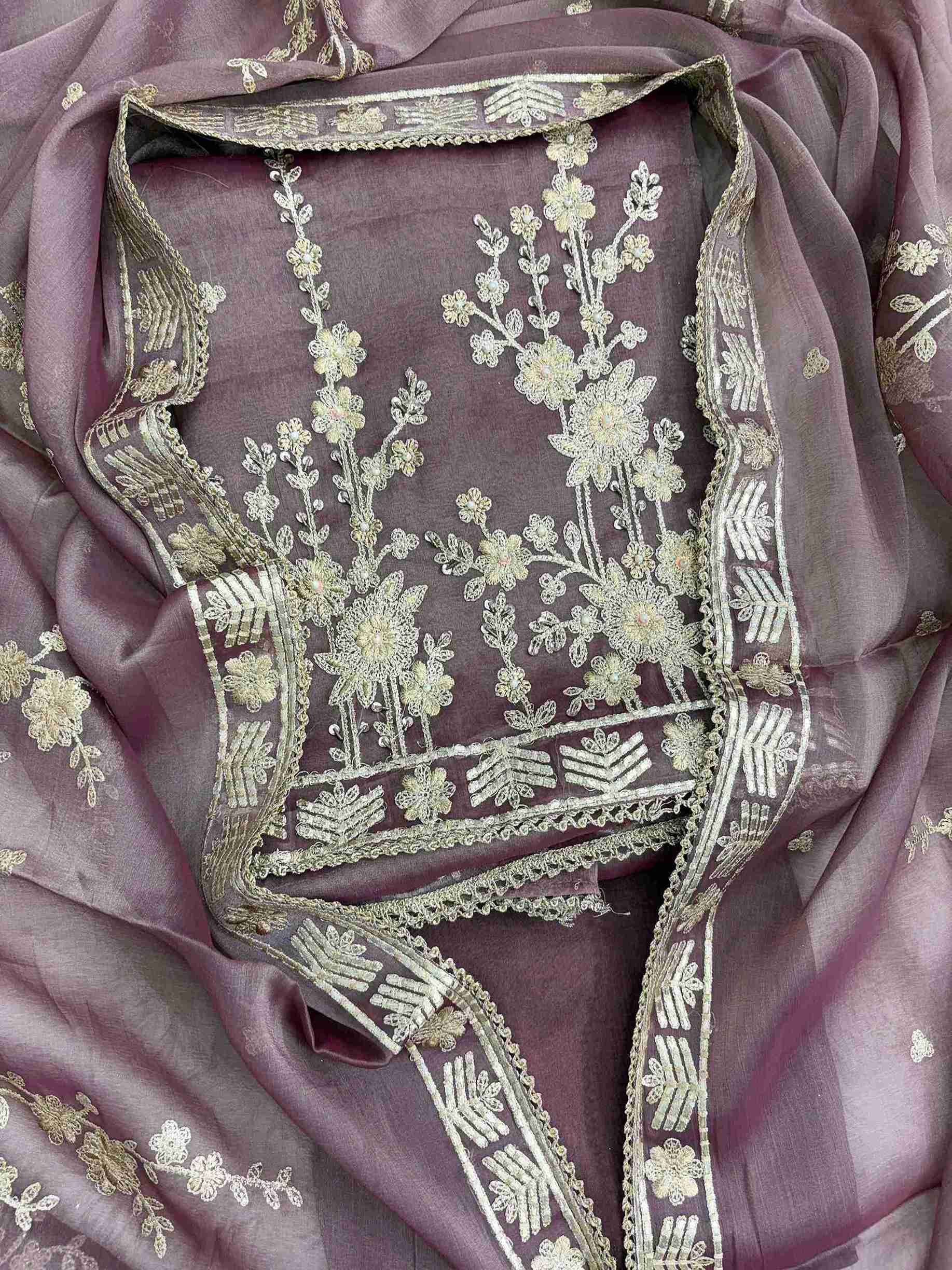 Muted mauve tissue unstitched suit set with thin gota work