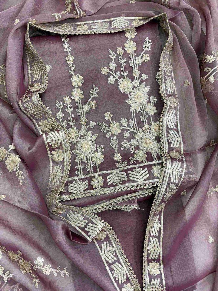 Muted mauve tissue unstitched suit set with thin gota work