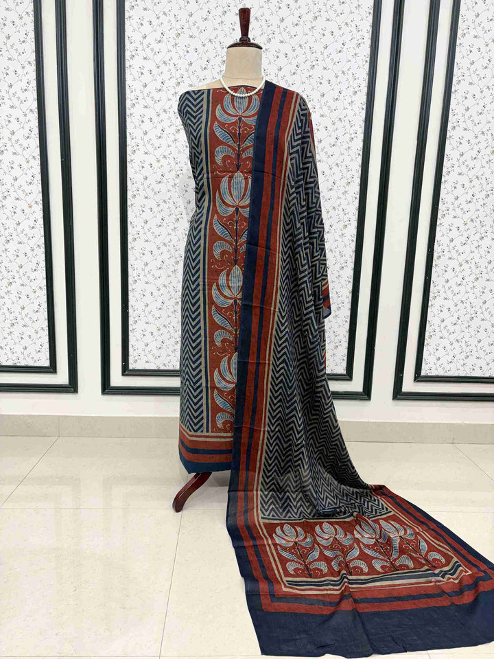 Navy blue mul cotton unstitched suit full front view with zigzag and floral motif dupatta draped on mannequin